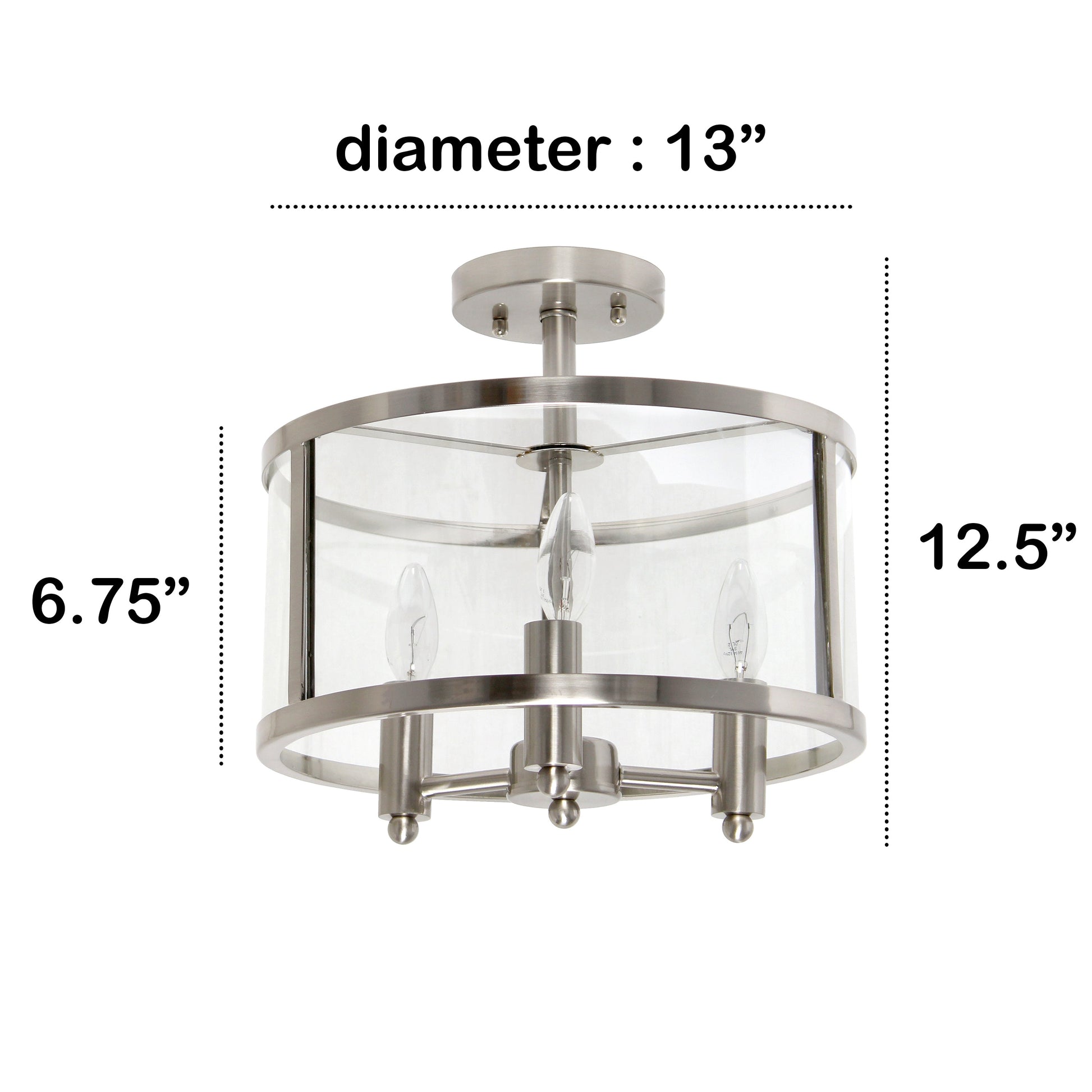 All The Rages Lalia Home 13" Brushed Nickel 3-Light Industrial Farmhouse Glass & Metallic Accented Semi-Flushmount