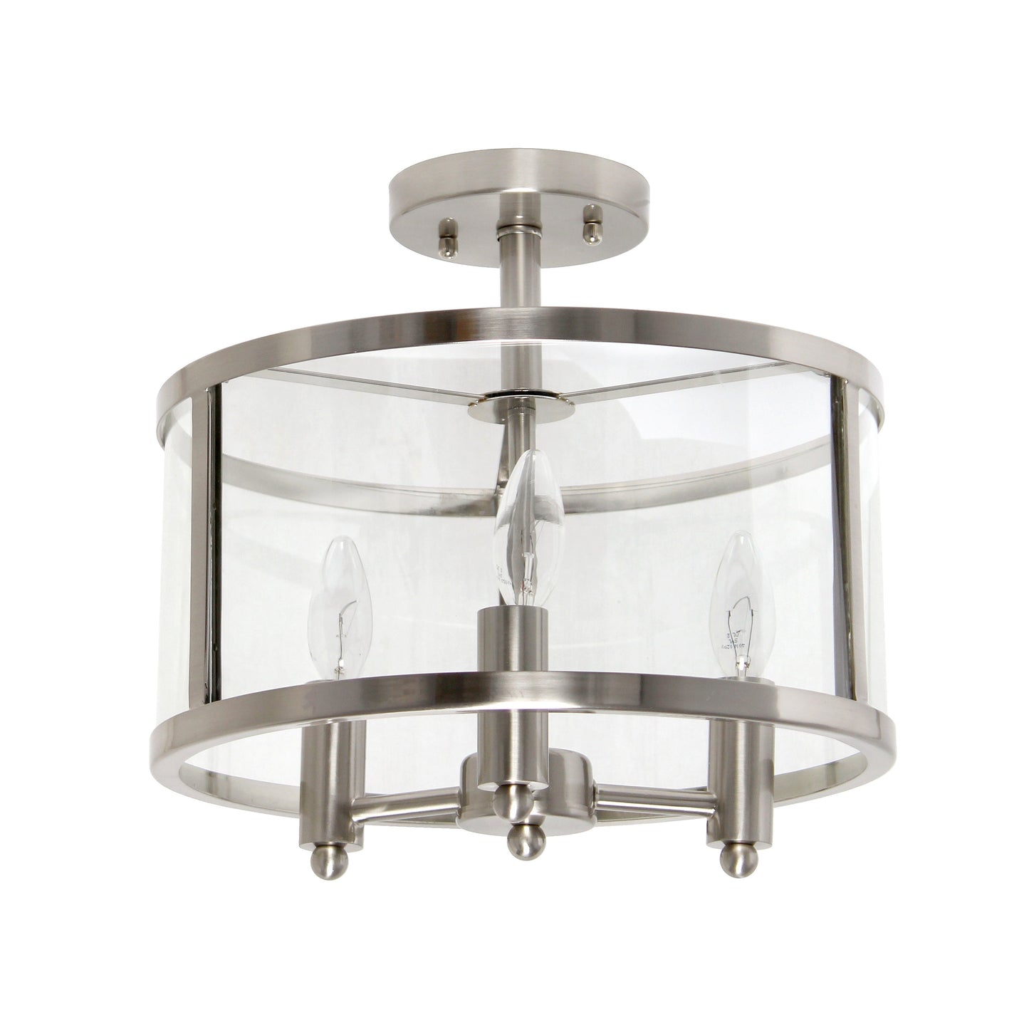 All The Rages Lalia Home 13" Brushed Nickel 3-Light Industrial Farmhouse Glass & Metallic Accented Semi-Flushmount