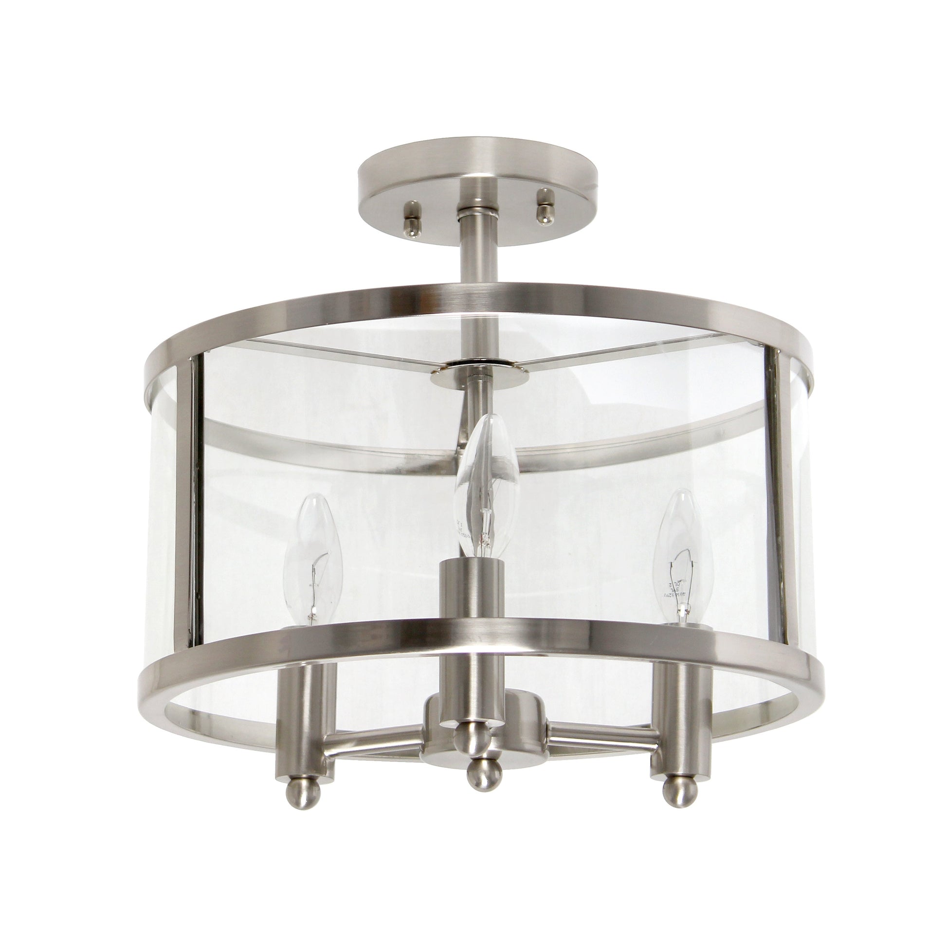 All The Rages Lalia Home 13" Brushed Nickel 3-Light Industrial Farmhouse Glass & Metallic Accented Semi-Flushmount