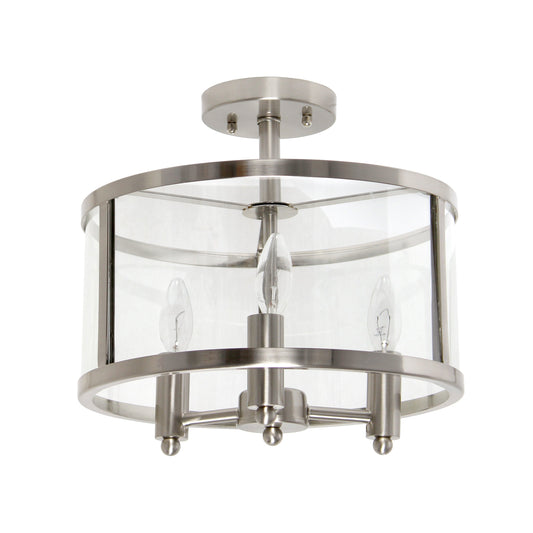 All The Rages Lalia Home 13" Brushed Nickel 3-Light Industrial Farmhouse Glass & Metallic Accented Semi-Flushmount