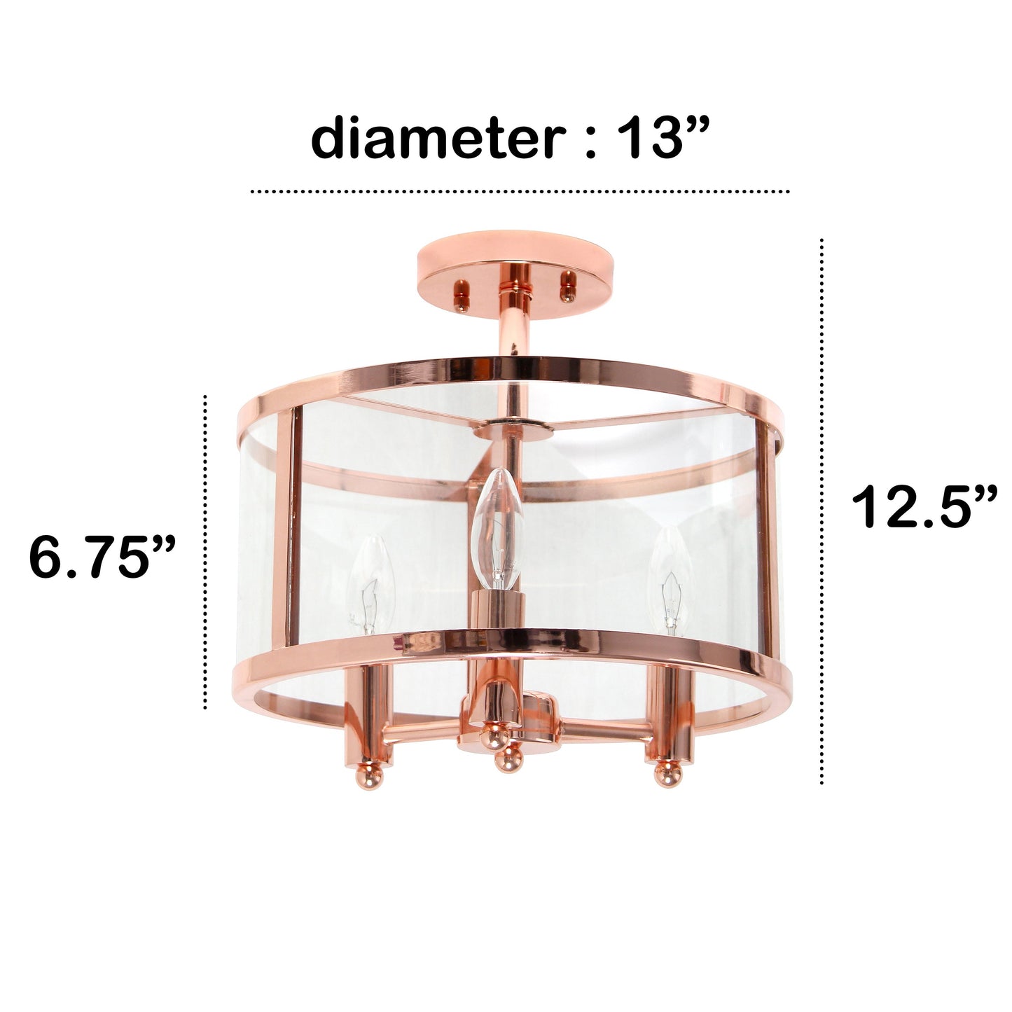 All The Rages Lalia Home 13" Rose Gold 3-Light Industrial Farmhouse Glass & Metallic Accented Semi-Flushmount