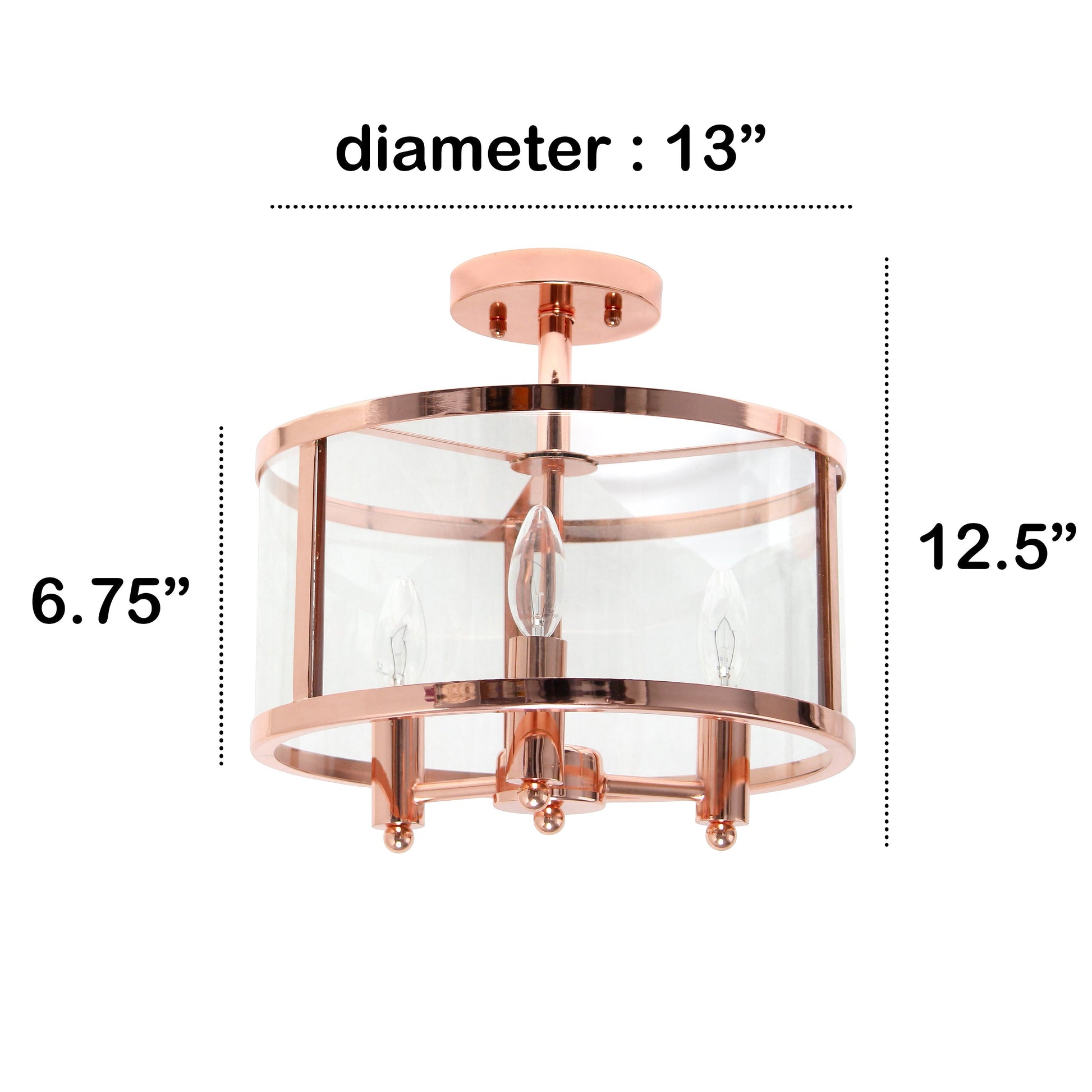 All The Rages Lalia Home 13" Rose Gold 3-Light Industrial Farmhouse Glass & Metallic Accented Semi-Flushmount