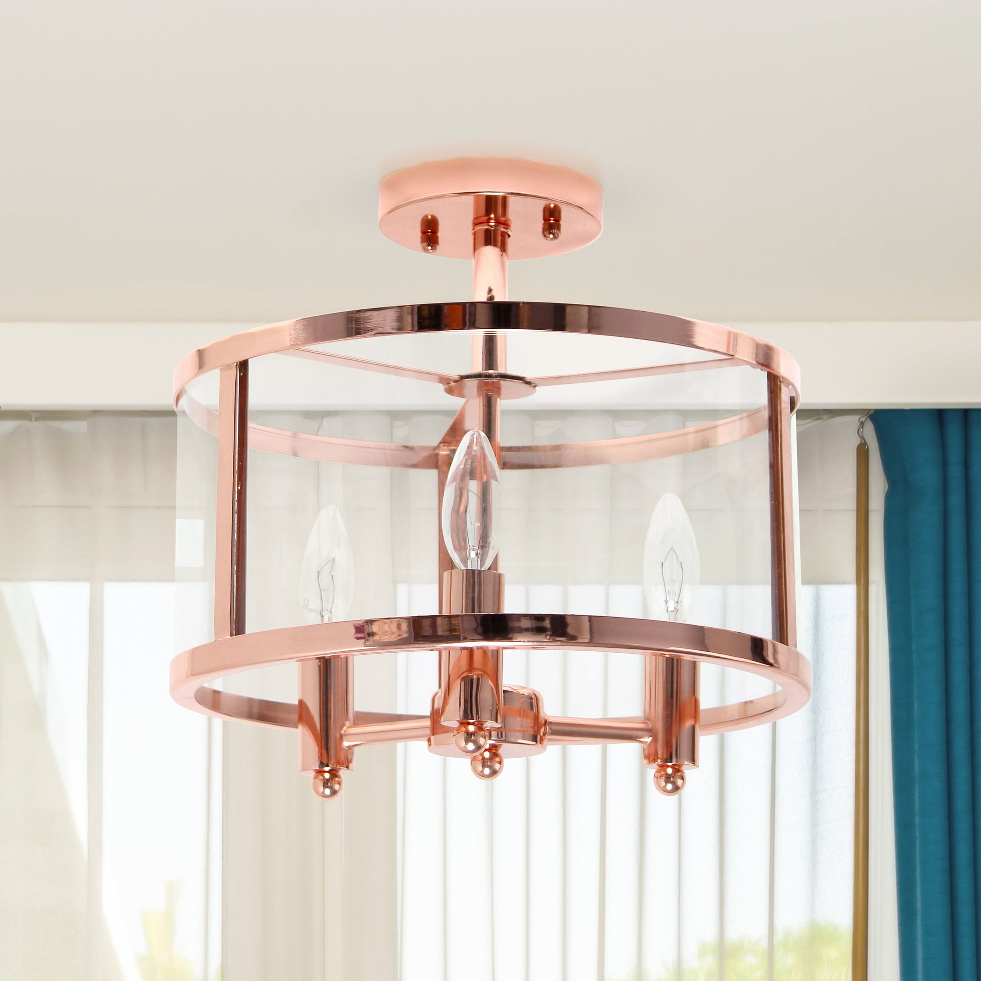 All The Rages Lalia Home 13" Rose Gold 3-Light Industrial Farmhouse Glass & Metallic Accented Semi-Flushmount