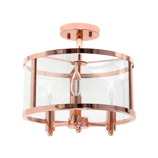 All The Rages Lalia Home 13" Rose Gold 3-Light Industrial Farmhouse Glass & Metallic Accented Semi-Flushmount