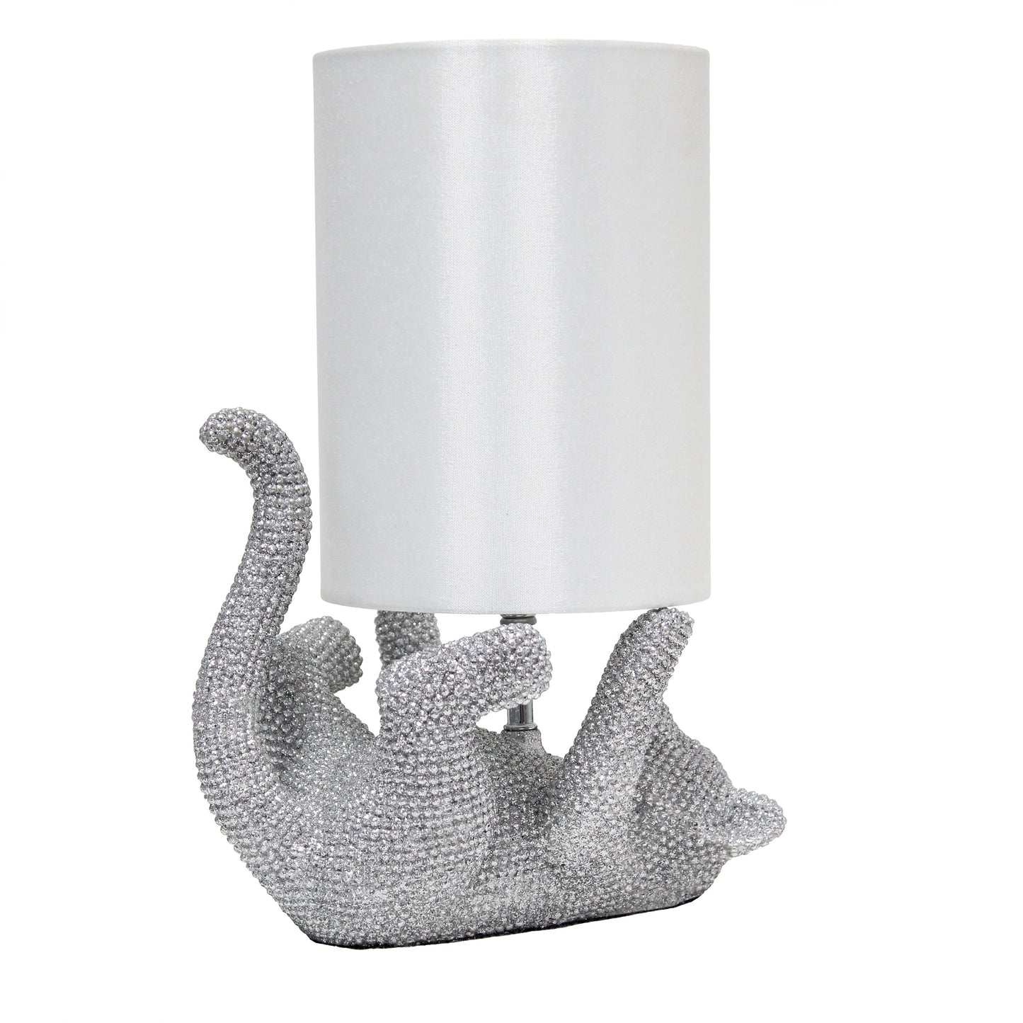 All The Rages Lalia Home 13" Silver Diamond Studded Rhinestone Look Kitty Cat Kids Table Lamp With Faux Silk Fabric Shade