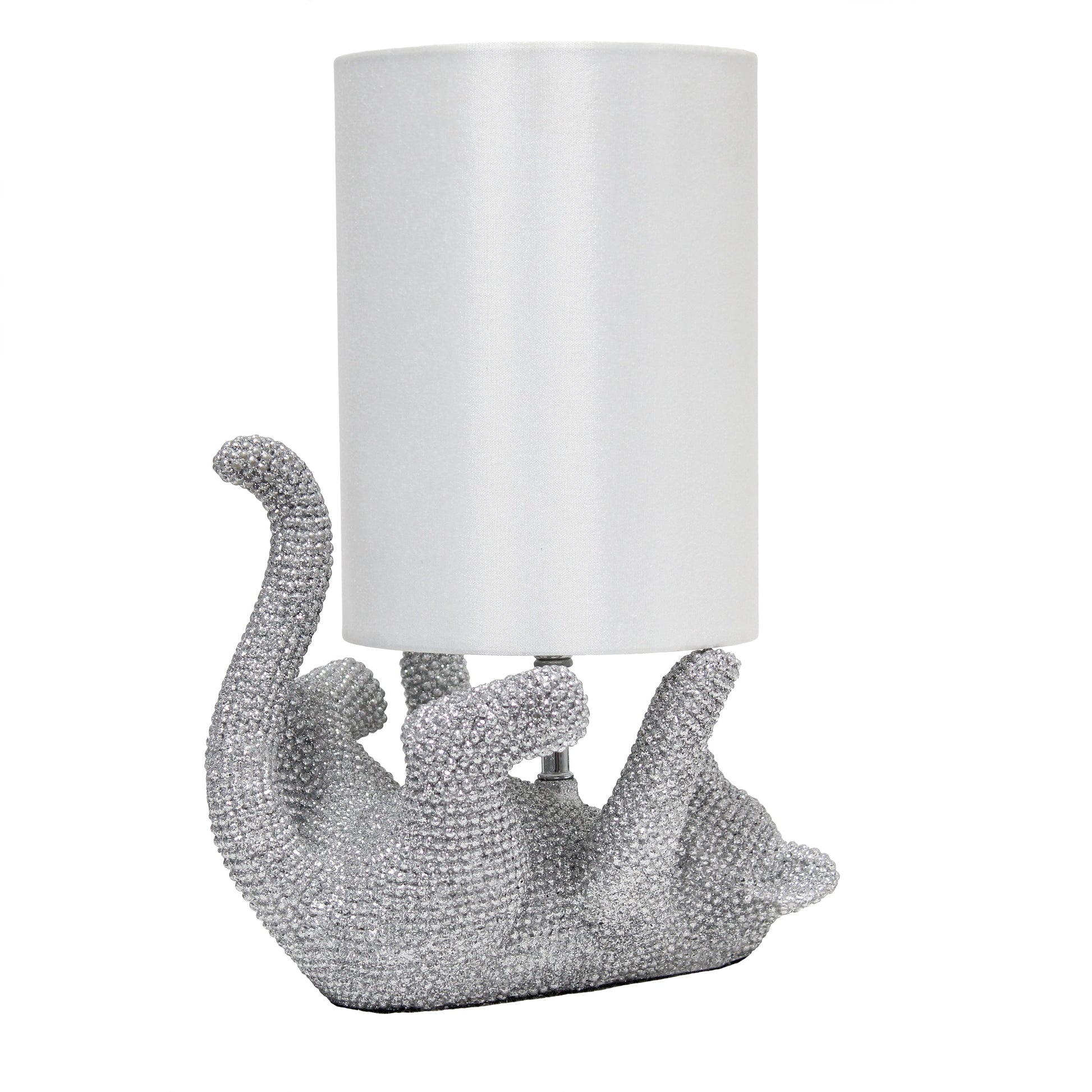 All The Rages Lalia Home 13" Silver Diamond Studded Rhinestone Look Kitty Cat Kids Table Lamp With Faux Silk Fabric Shade