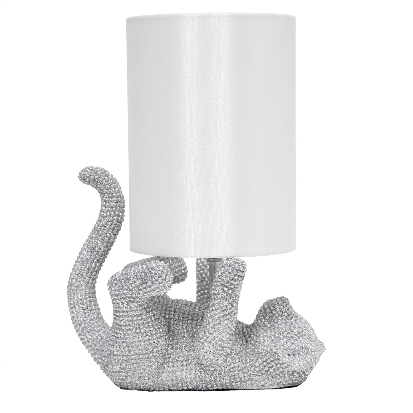 All The Rages Lalia Home 13" Silver Diamond Studded Rhinestone Look Kitty Cat Kids Table Lamp With Faux Silk Fabric Shade