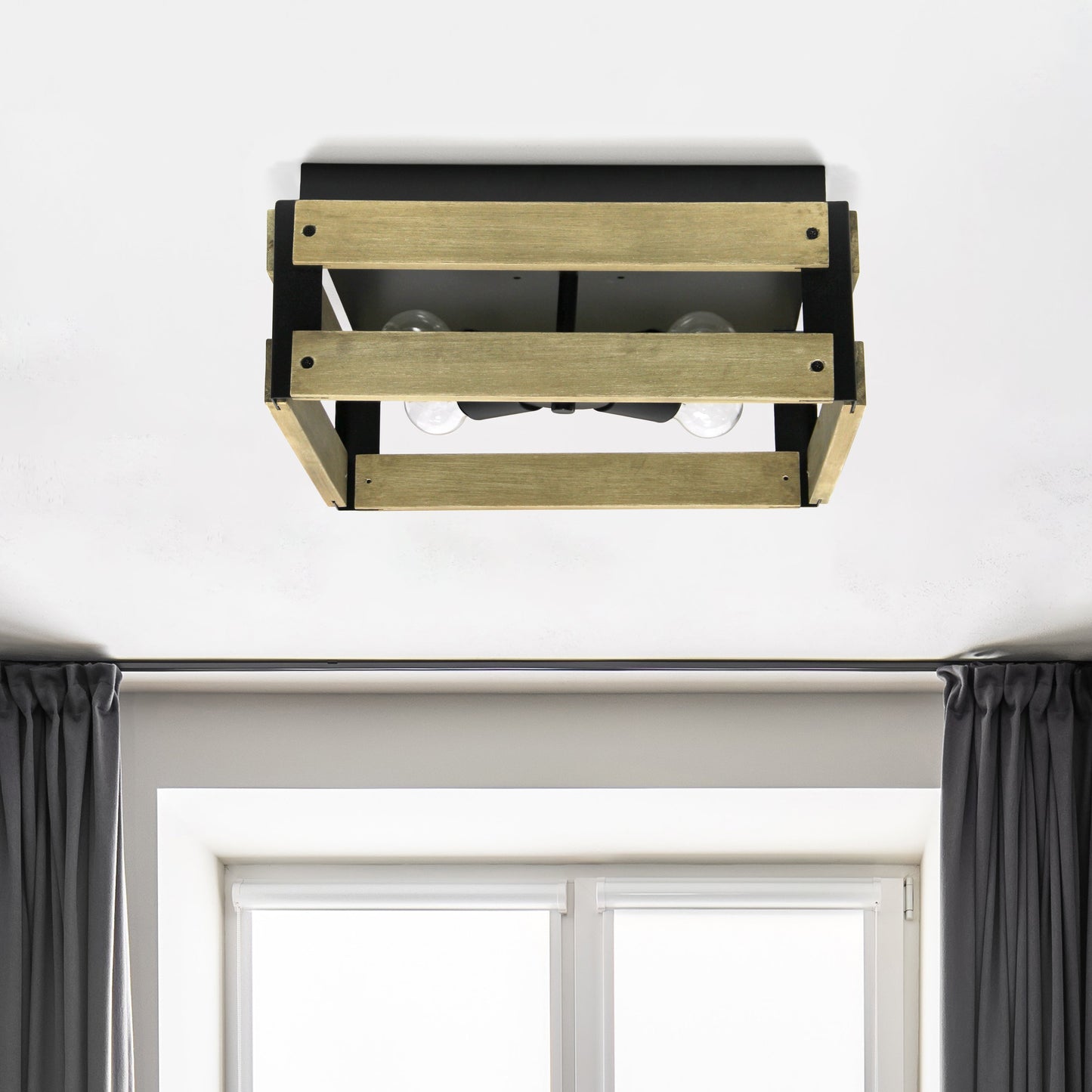 All The Rages Lalia Home 14" Barnlit 4-Light Squared Metal & Natural Wood Flush Mount Ceiling Light