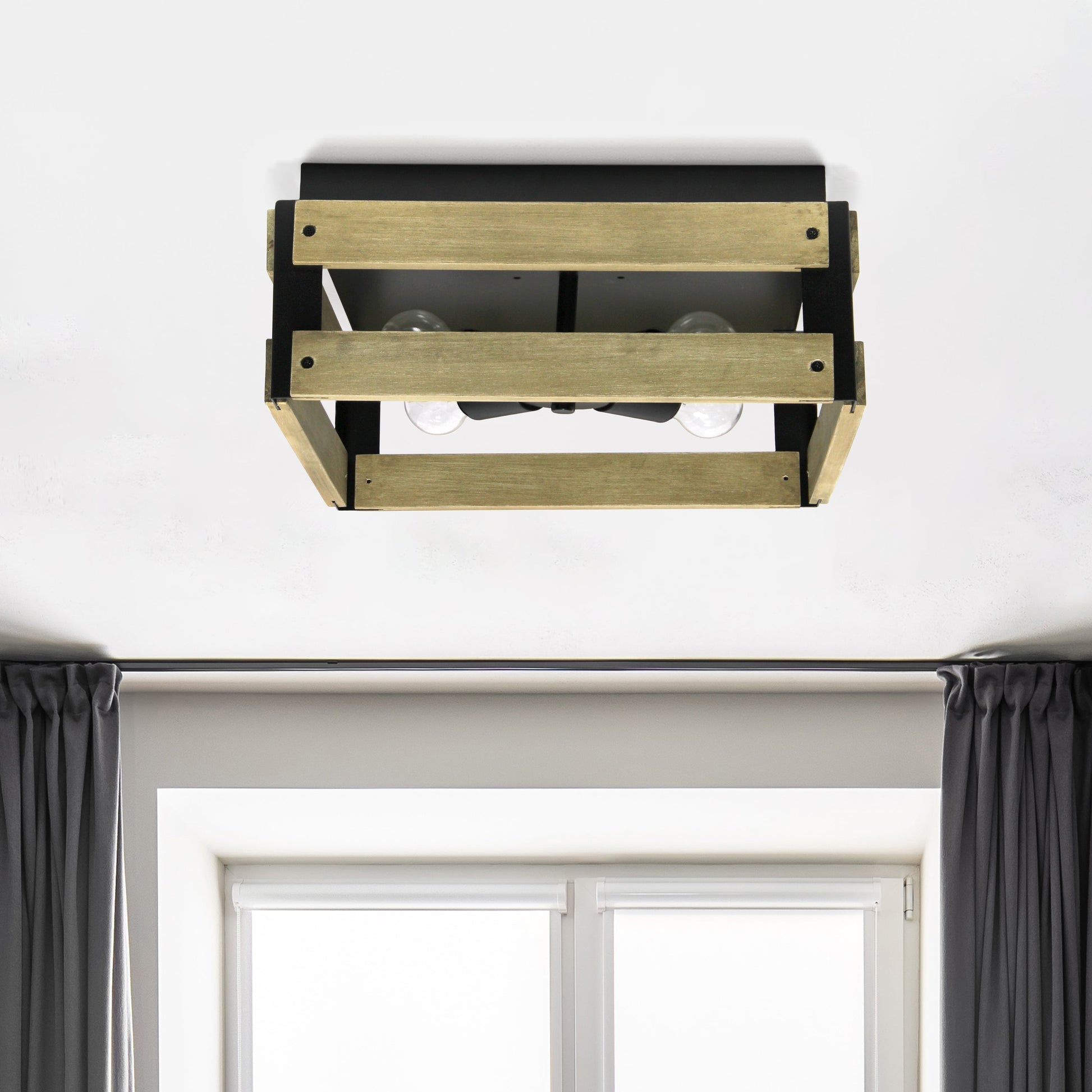 All The Rages Lalia Home 14" Barnlit 4-Light Squared Metal & Natural Wood Flush Mount Ceiling Light