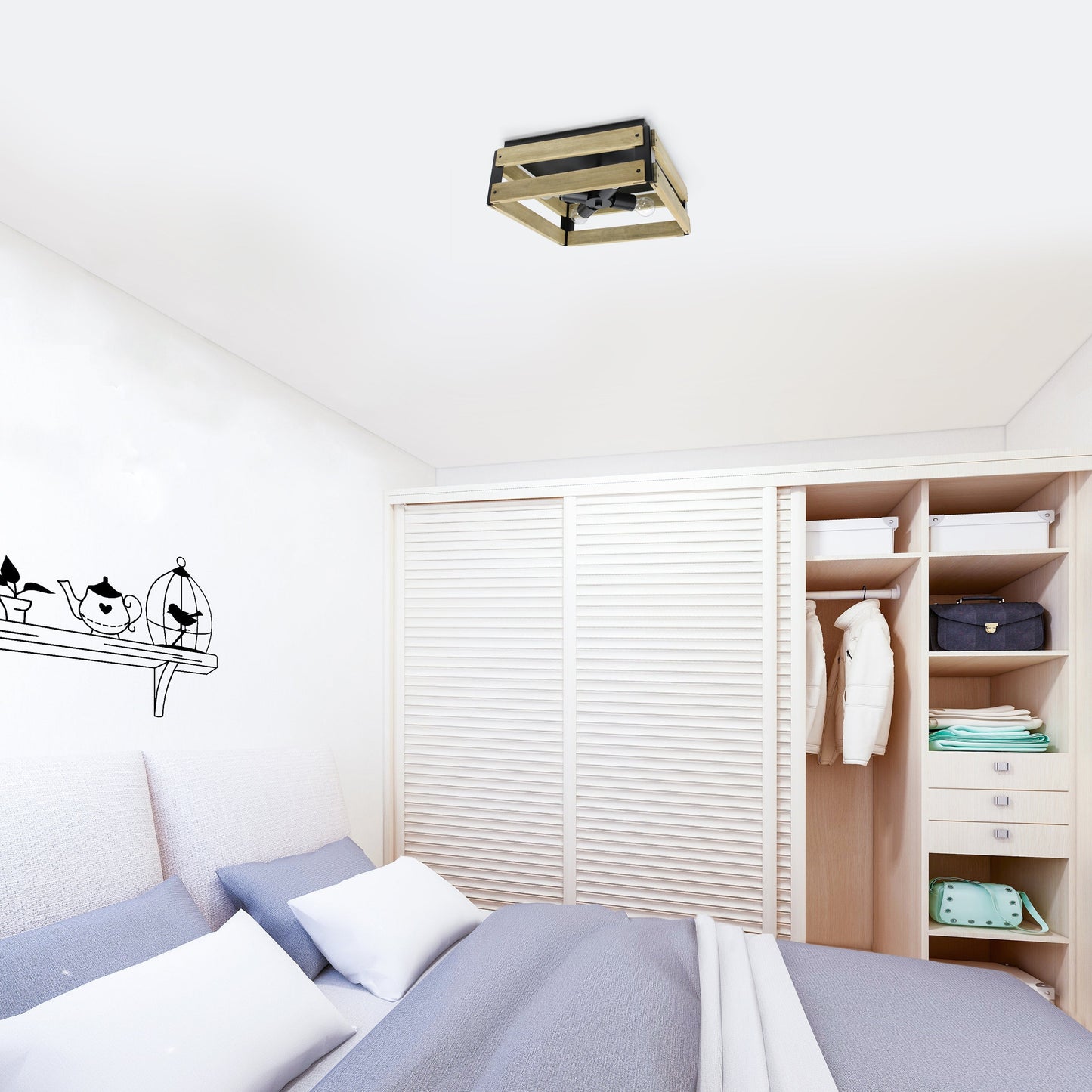 All The Rages Lalia Home 14" Barnlit 4-Light Squared Metal & Natural Wood Flush Mount Ceiling Light