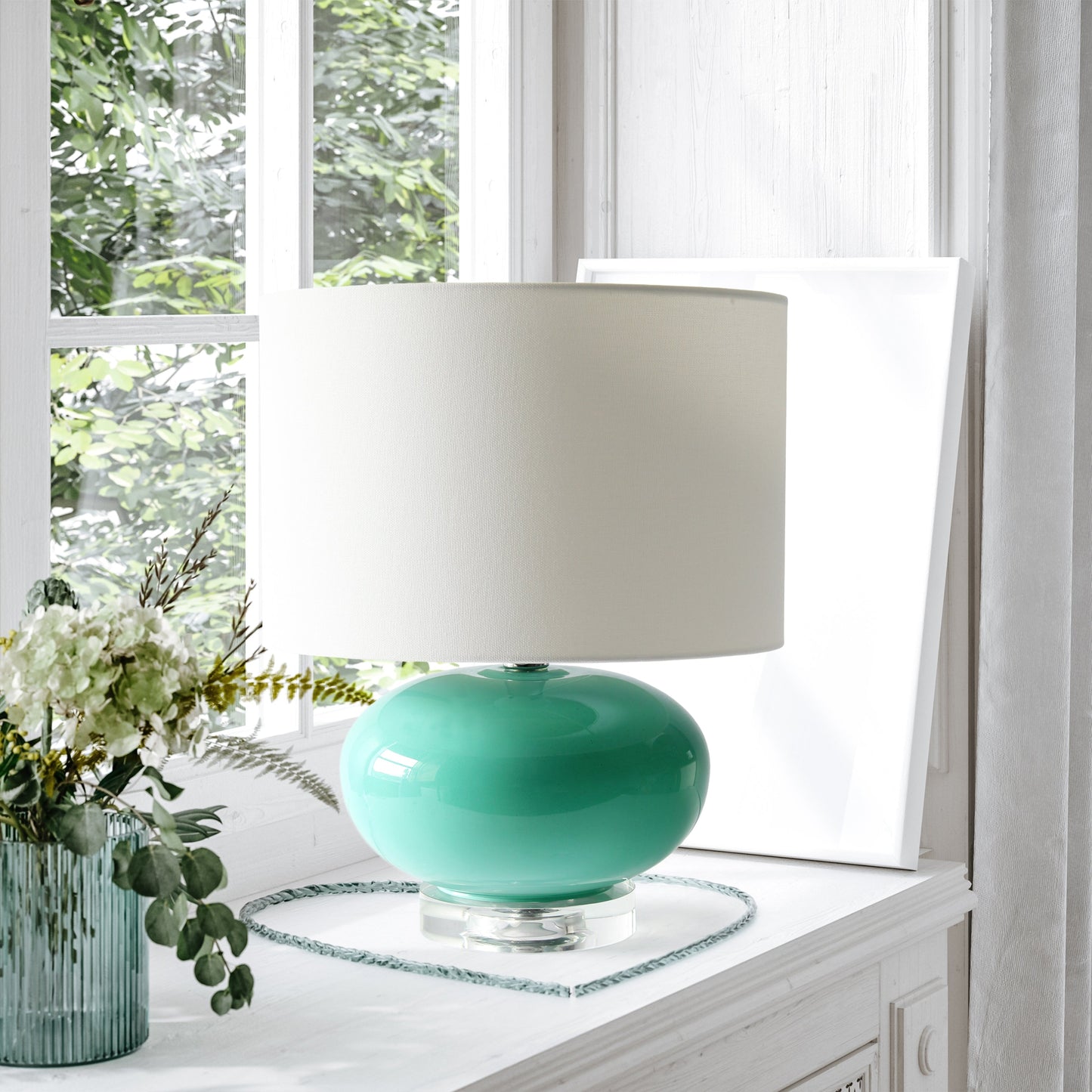 All The Rages Lalia Home 15" Aqua Modern Ovaloid Glass Bedside Table Lamp With White Fabric Shade