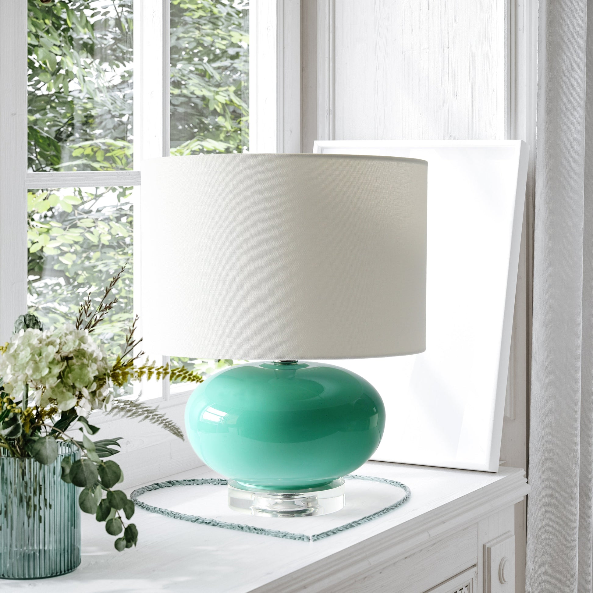 All The Rages Lalia Home 15" Aqua Modern Ovaloid Glass Bedside Table Lamp With White Fabric Shade