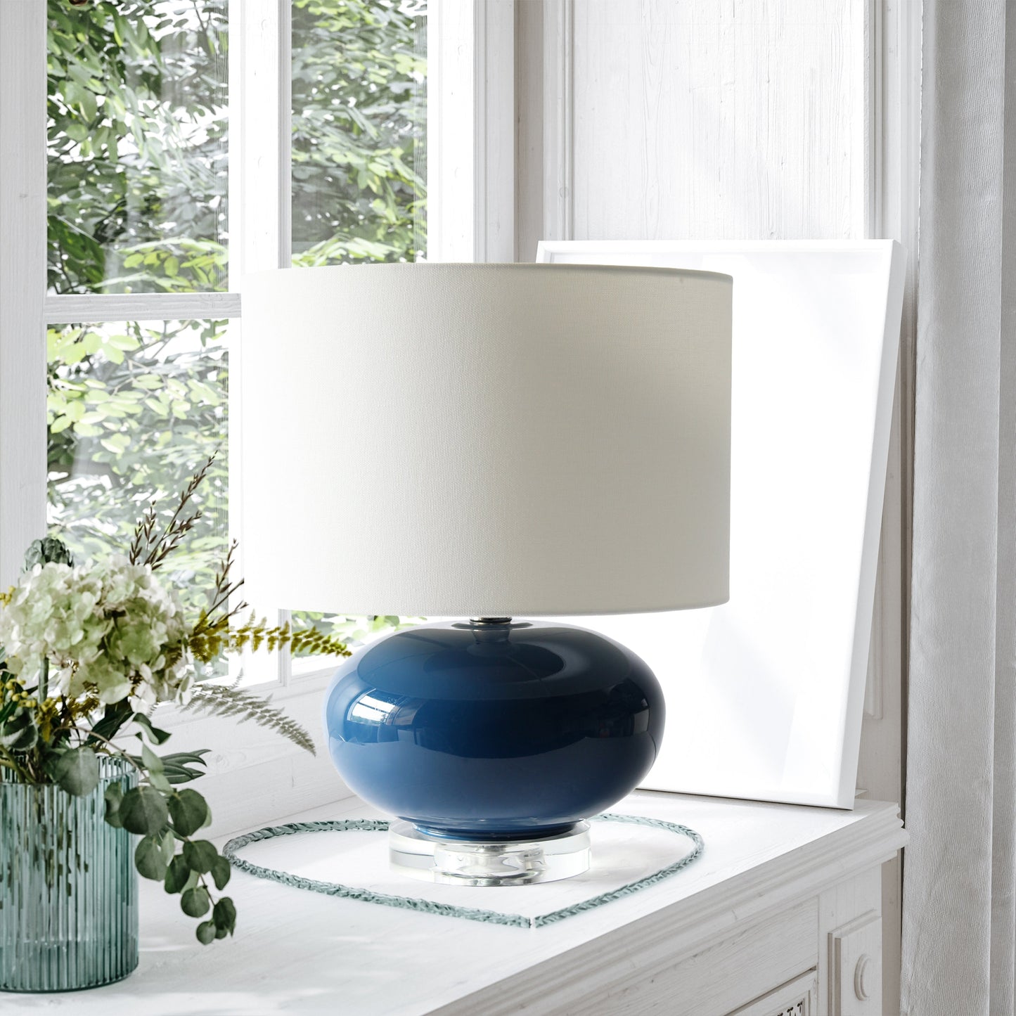 All The Rages Lalia Home 15" Blue Modern Ovaloid Glass Bedside Table Lamp With White Fabric Shade