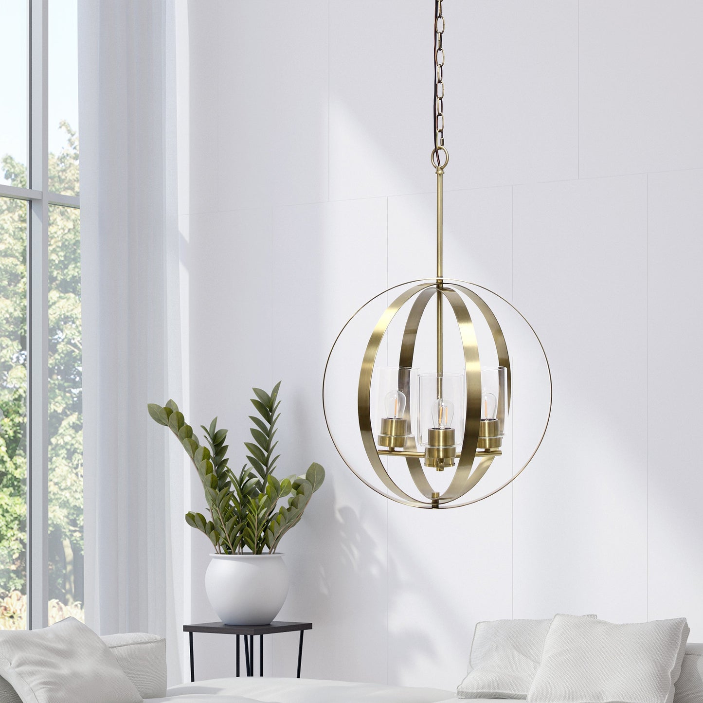 All The Rages Lalia Home 18" Antique Brass 3-Light Adjustable Industrial Globe Metal & Clear Glass Pendant Light