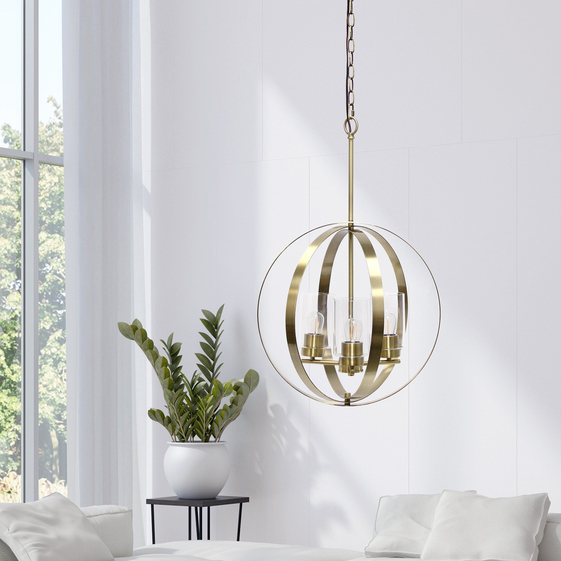 All The Rages Lalia Home 18" Antique Brass 3-Light Adjustable Industrial Globe Metal & Clear Glass Pendant Light