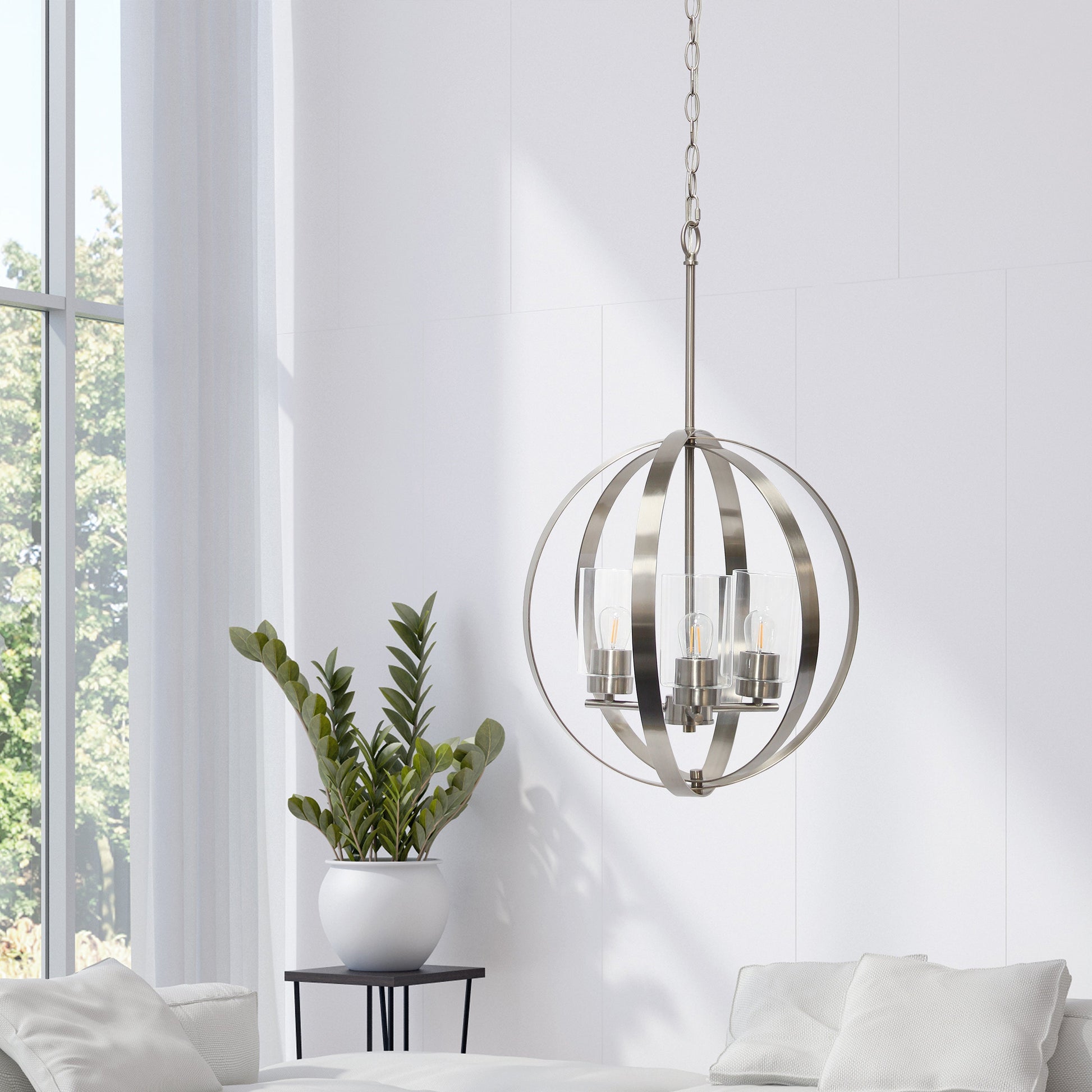 All The Rages Lalia Home 18" Brushed Nickel 3-Light Adjustable Industrial Globe Metal & Clear Glass Pendant Light