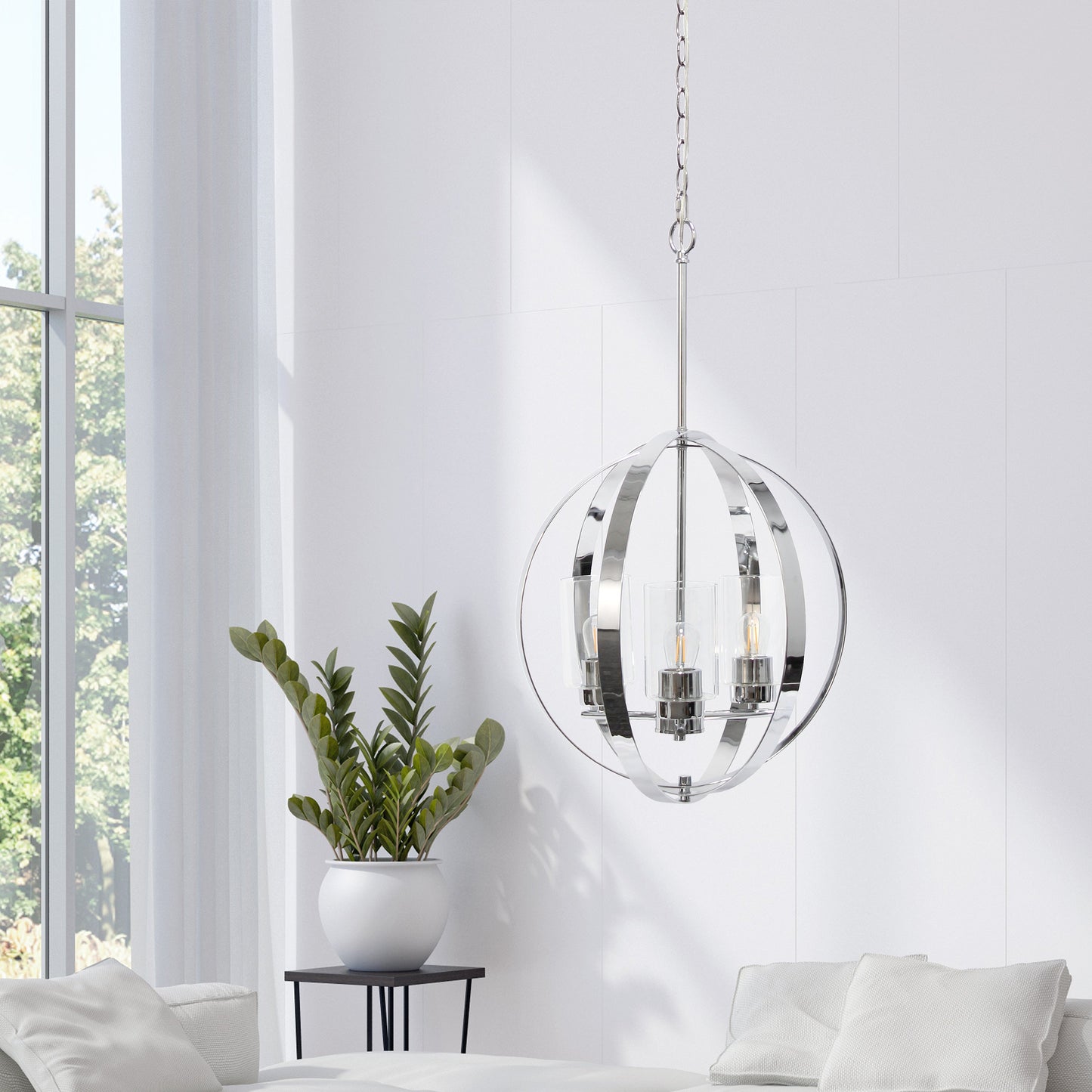 All The Rages Lalia Home 18" Chrome 3-Light Adjustable Industrial Globe Metal & Clear Glass Pendant Light