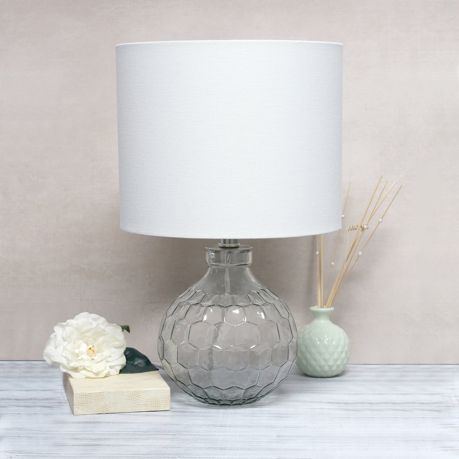 All The Rages Lalia Home 18" Clear Engraved Honeycomb Glass Table Lamp With White Fabric Shade