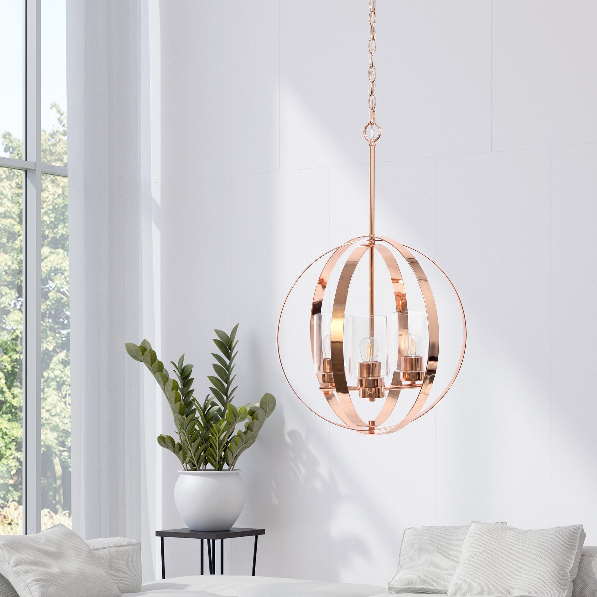 All The Rages Lalia Home 18" Rose Gold 3-Light Adjustable Industrial Globe Metal & Clear Glass Pendant Light