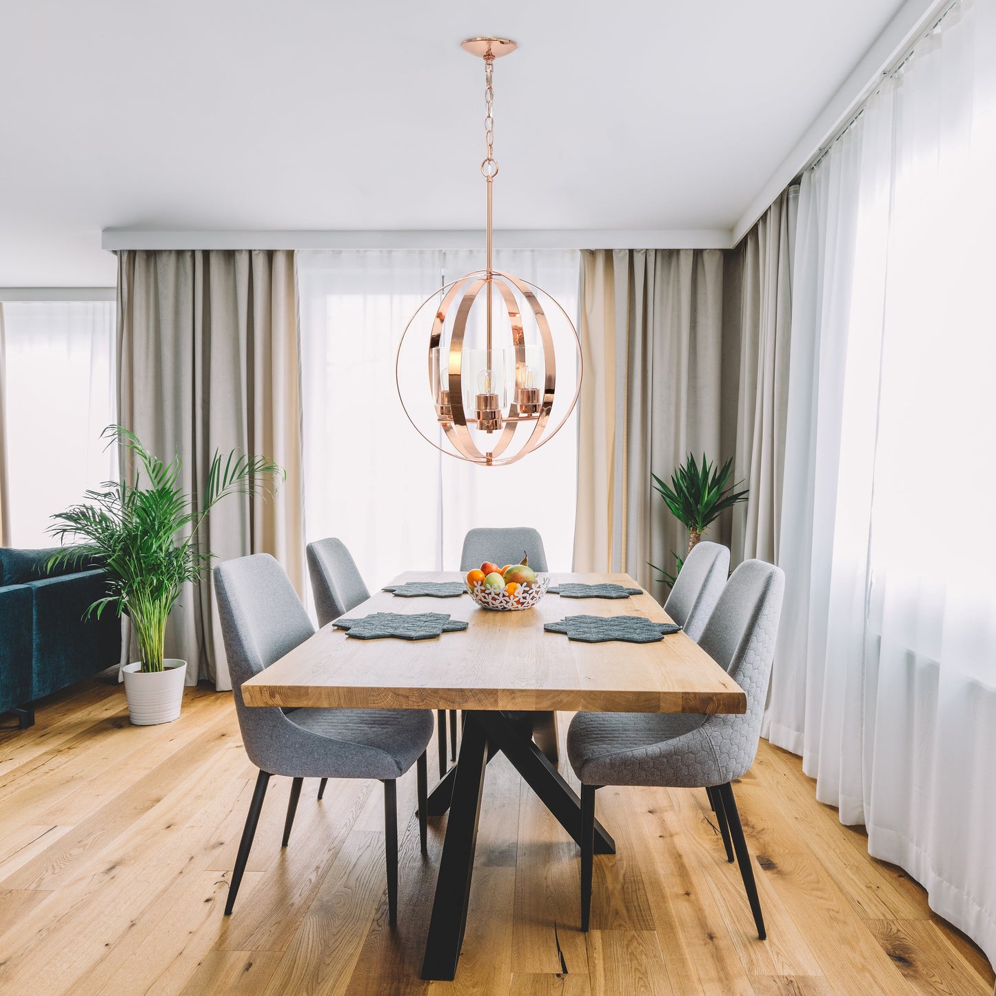 All The Rages Lalia Home 18" Rose Gold 3-Light Adjustable Industrial Globe Metal & Clear Glass Pendant Light