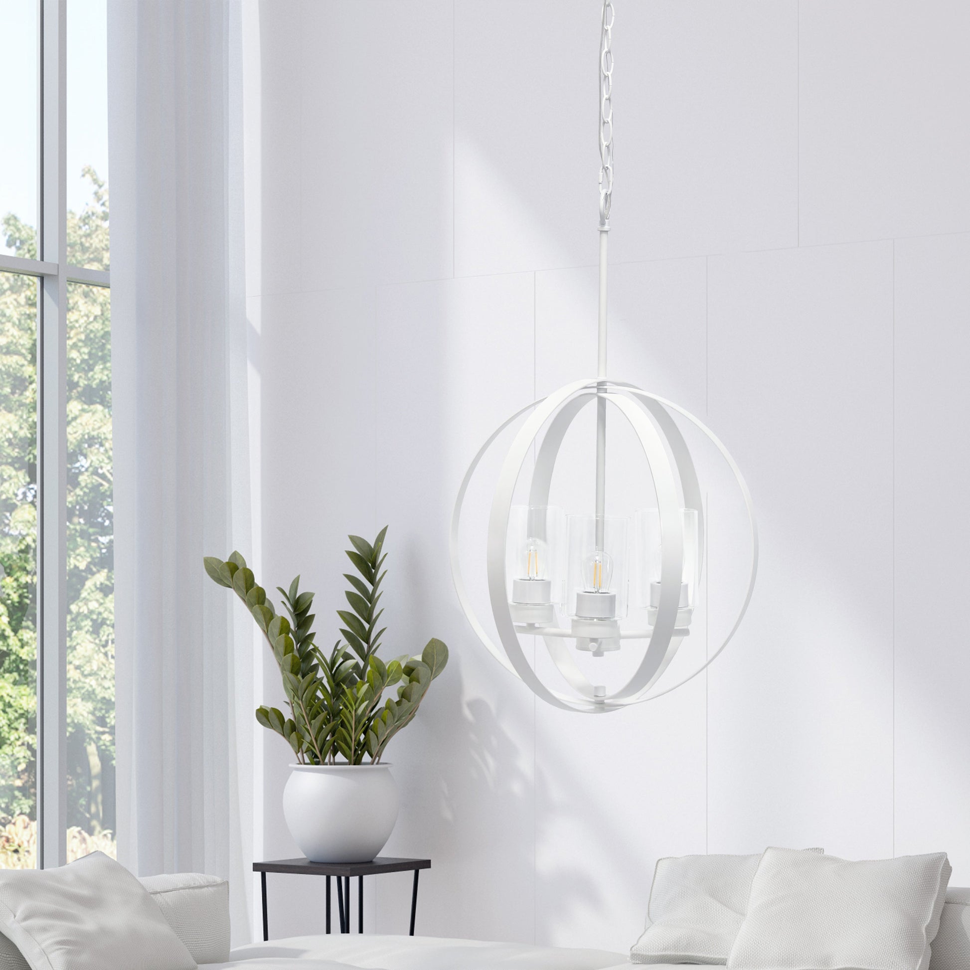 All The Rages Lalia Home 18" White 3-Light Adjustable Industrial Globe Metal & Clear Glass Pendant Light