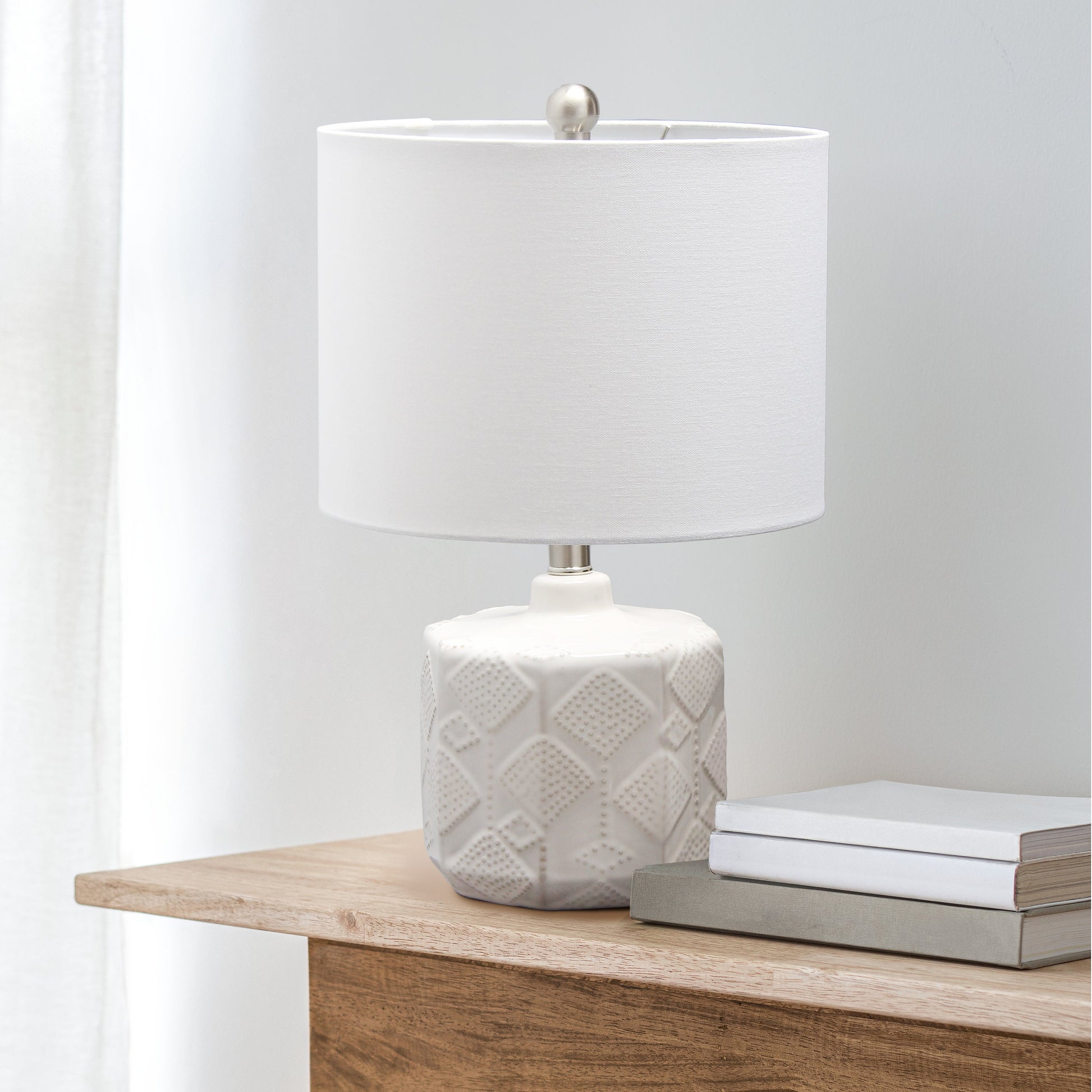 All The Rages Lalia Home 19" Off White Ceramic Eyelet Pattern Floral Textured Table Lamp With White Fabric Shade