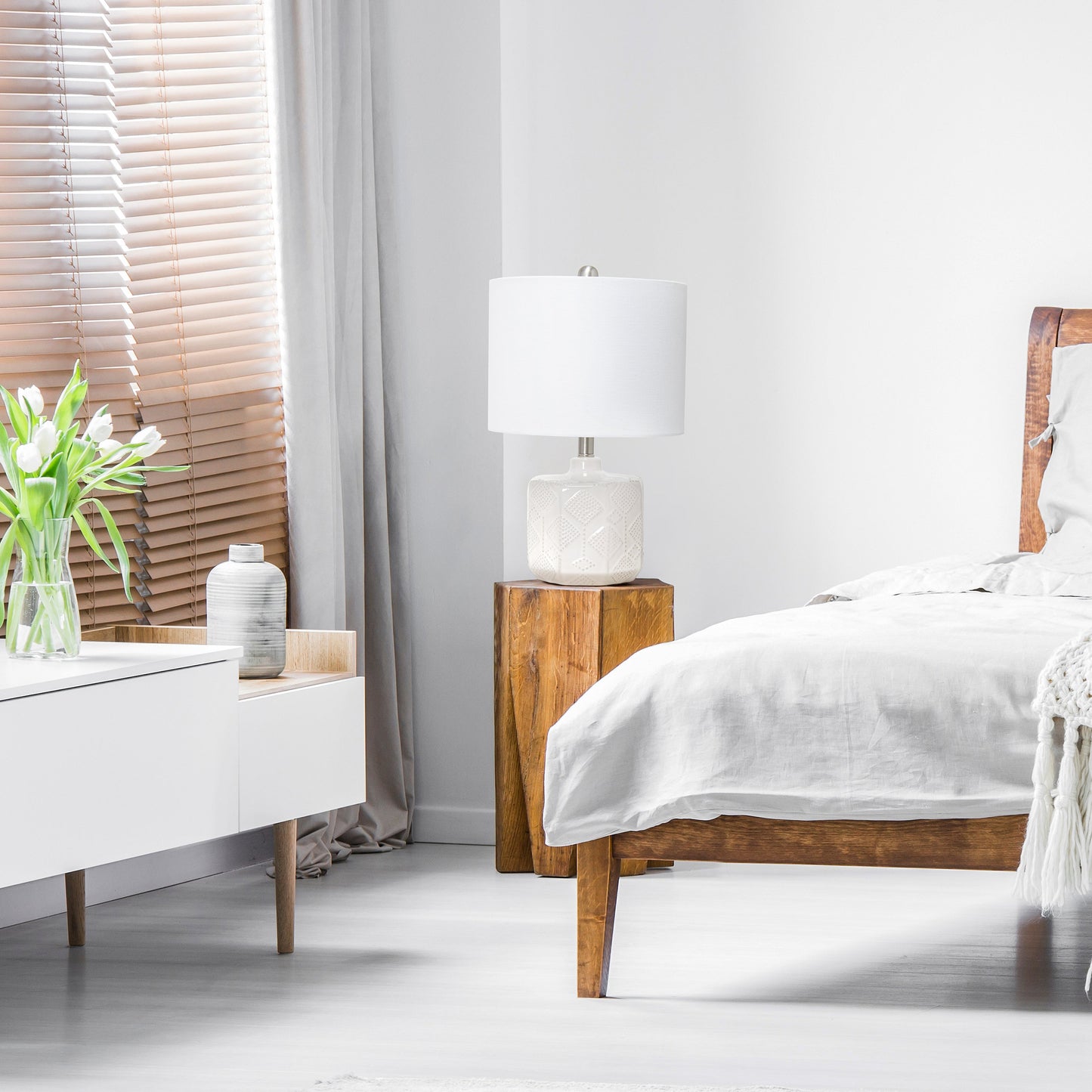 All The Rages Lalia Home 19" Off White Ceramic Eyelet Pattern Floral Textured Table Lamp With White Fabric Shade