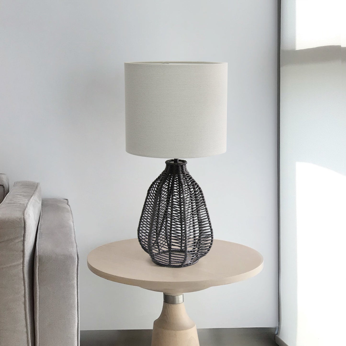 All The Rages Lalia Home 21" Black Vintage Rattan Wicker Style Paper Rope Table Lamp With Light Gray Fabric Shade