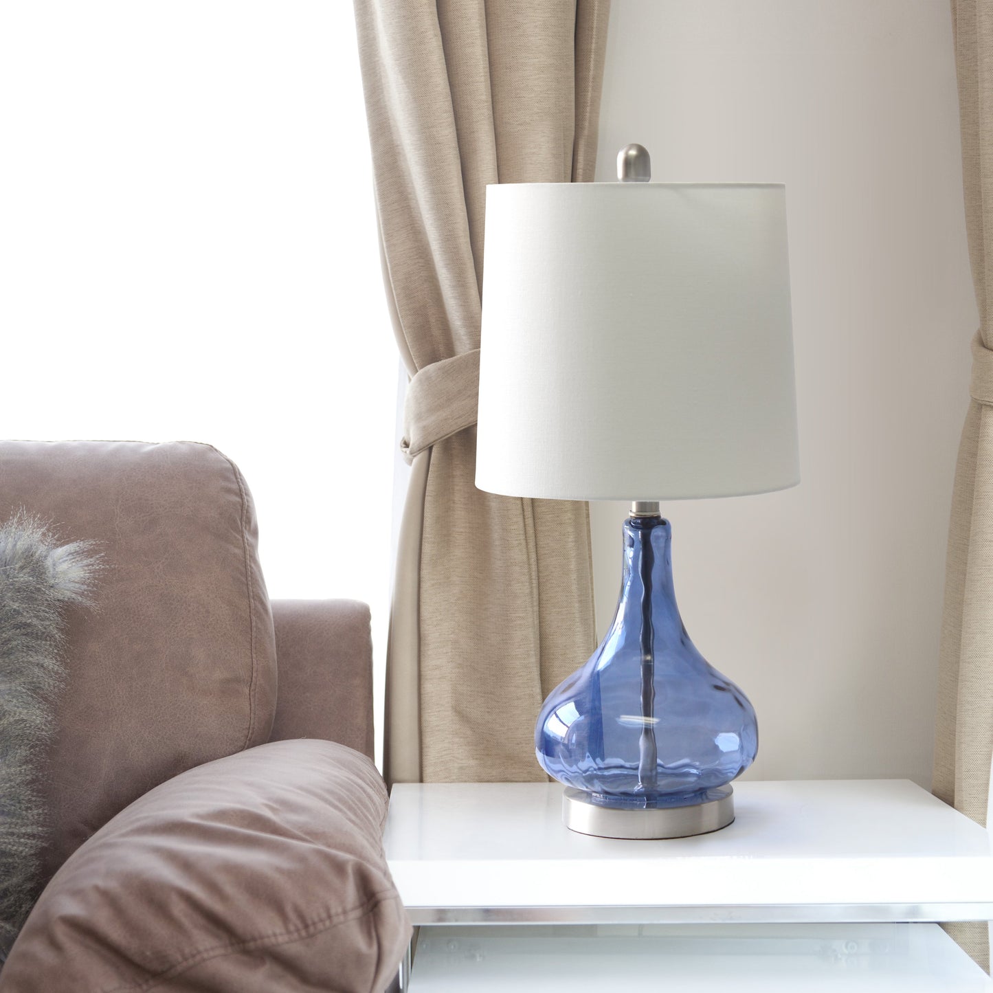 All The Rages Lalia Home 23" Dark Blue Rippled Colored Glass Table Lamp With White Fabric Shade