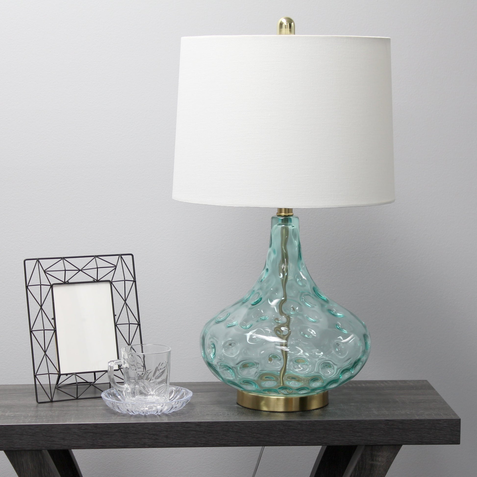 All The Rages Lalia Home 24" Blue Classix Contemporary Dimpled Colored Glass Table Lamp With White Linen Shade
