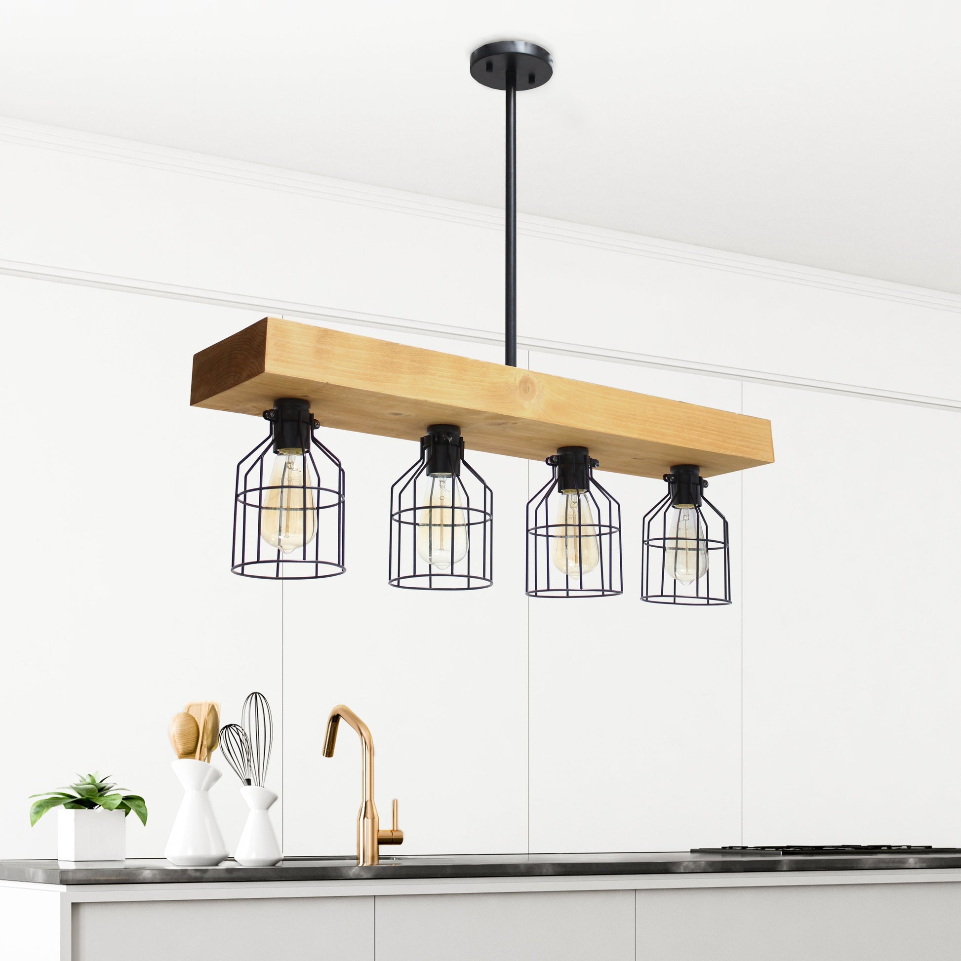 All The Rages Lalia Home 32" Light Wood 4-Light Farmhouse Beam Pendant Light