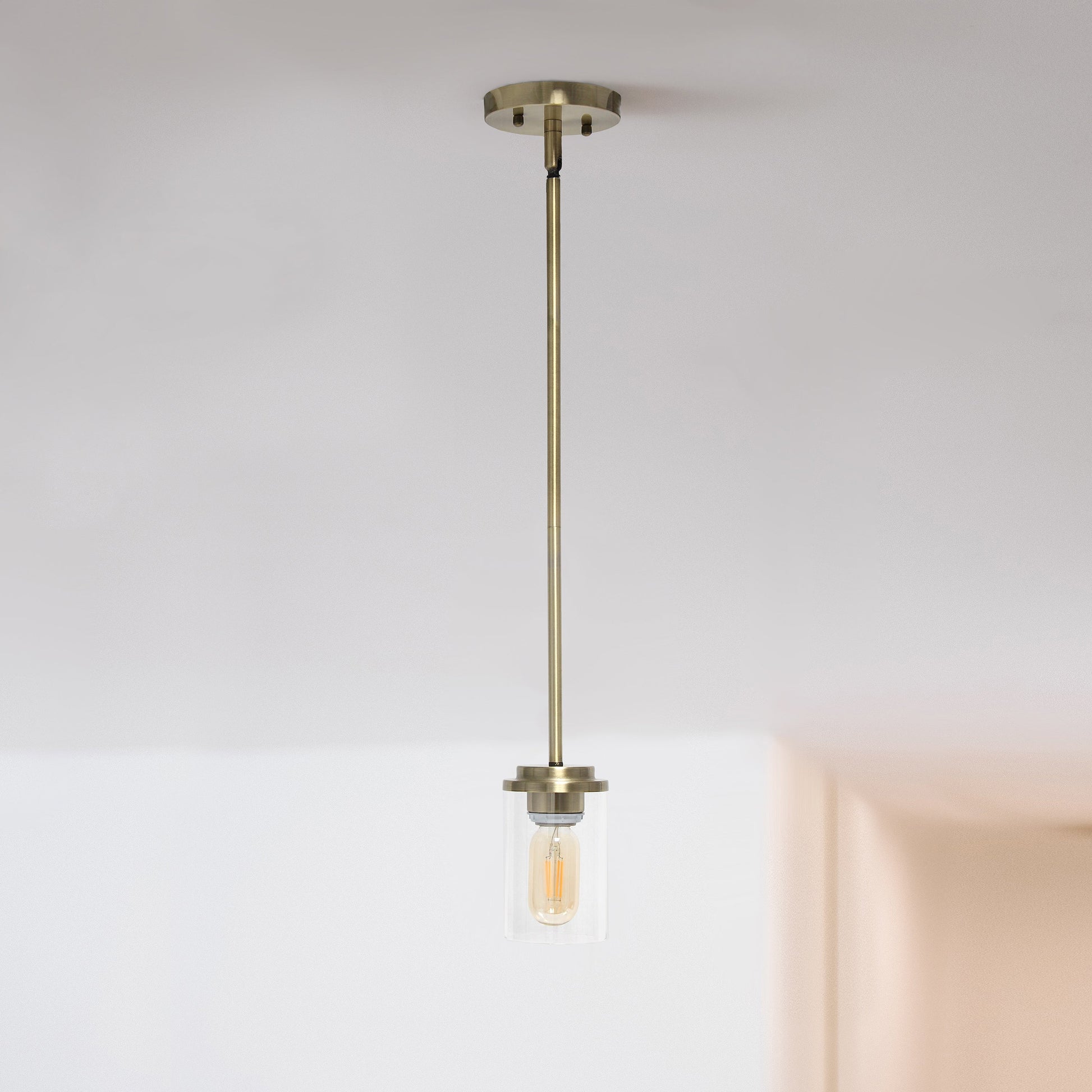 All The Rages Lalia Home 6" Antique Brass Minimal Industrial Farmhouse Adjustable Pendant Light With Clear Cylinder Glass Shade