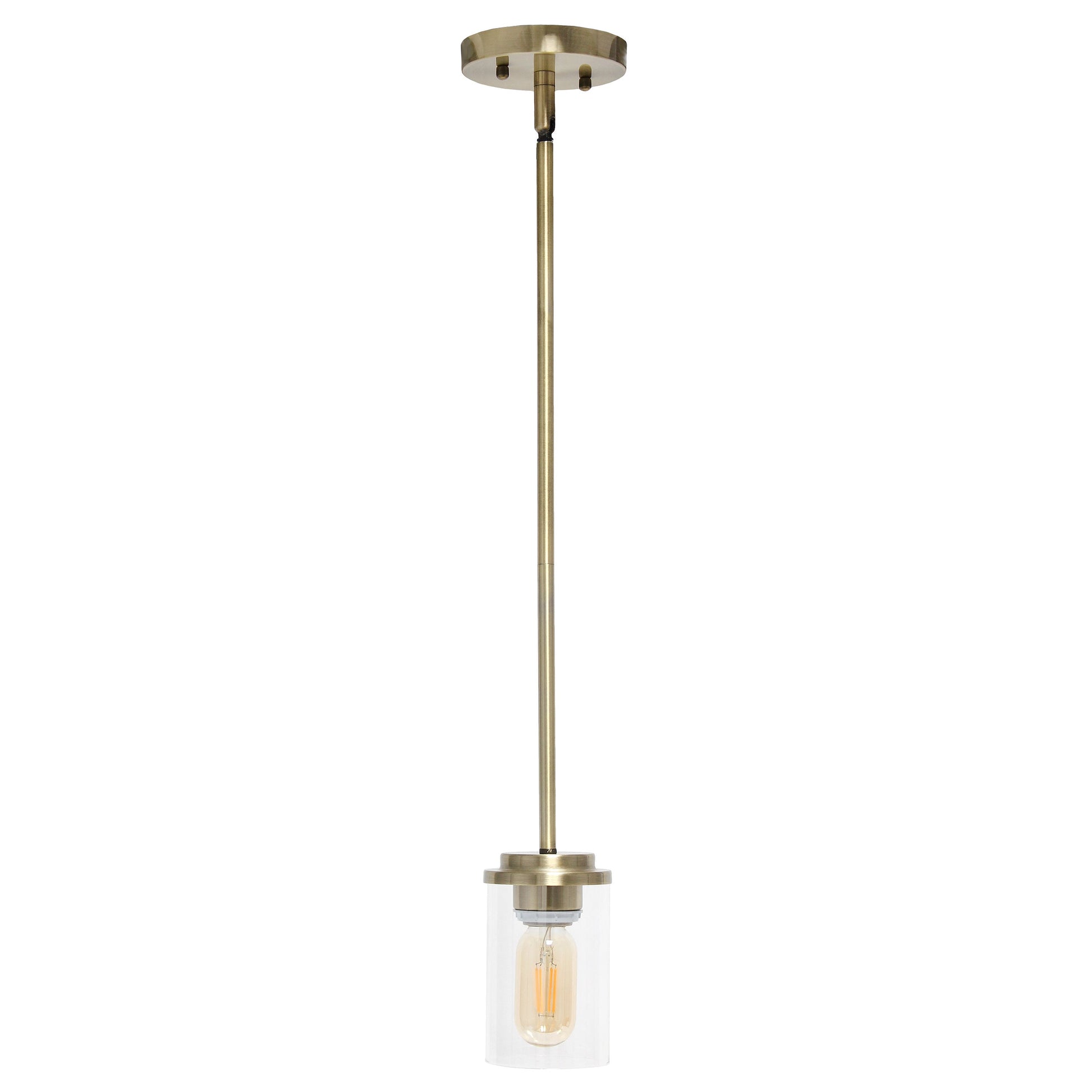 All The Rages Lalia Home 6" Antique Brass Minimal Industrial Farmhouse Adjustable Pendant Light With Clear Cylinder Glass Shade