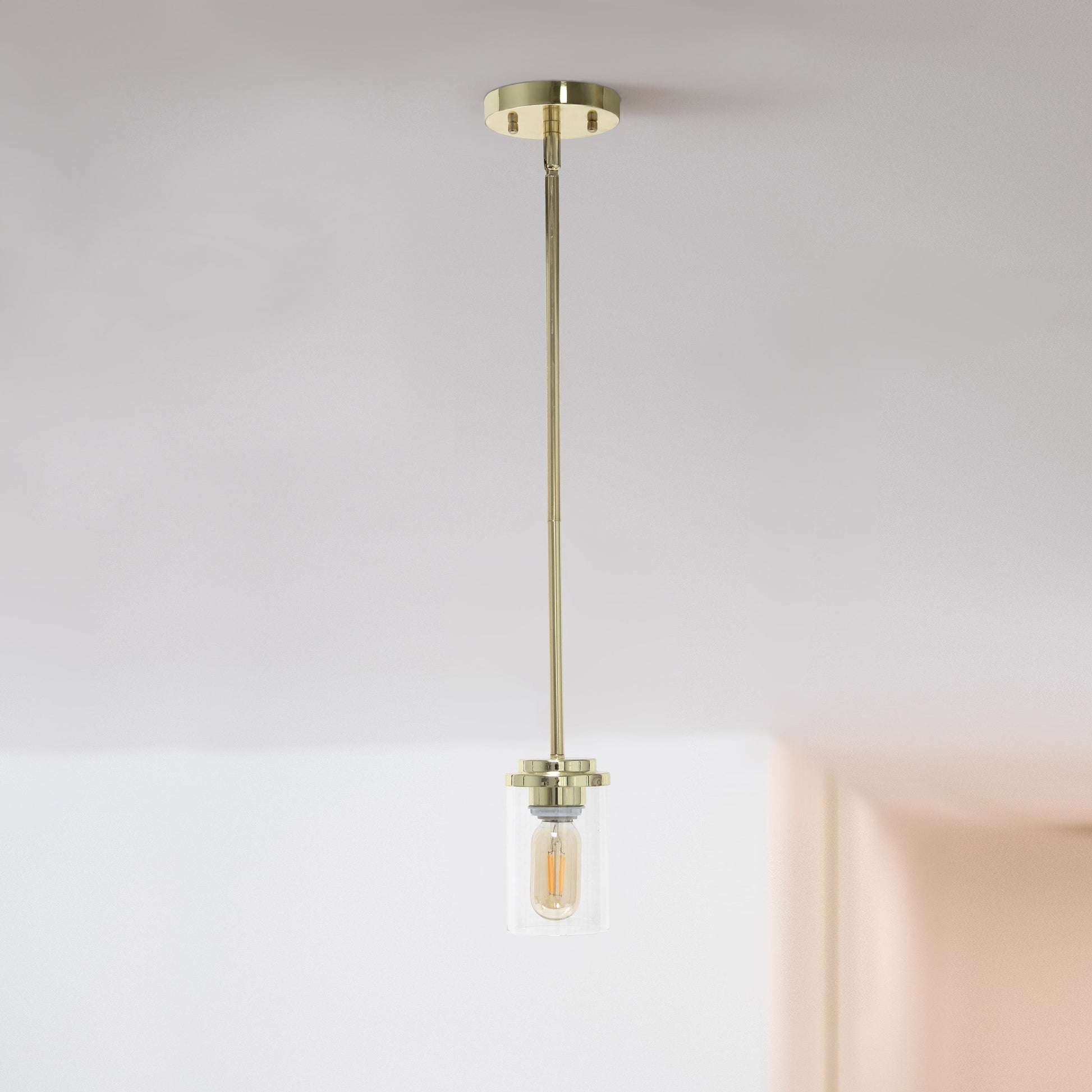 All The Rages Lalia Home 6" Gold Minimal Industrial Farmhouse Adjustable Pendant Light With Clear Cylinder Glass Shade