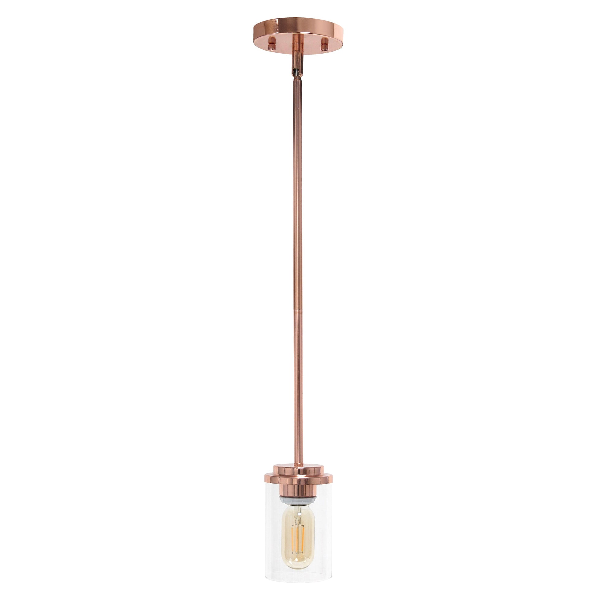 All The Rages Lalia Home 6" Rose Gold Minimal Industrial Farmhouse Adjustable Pendant Light With Clear Cylinder Glass Shade