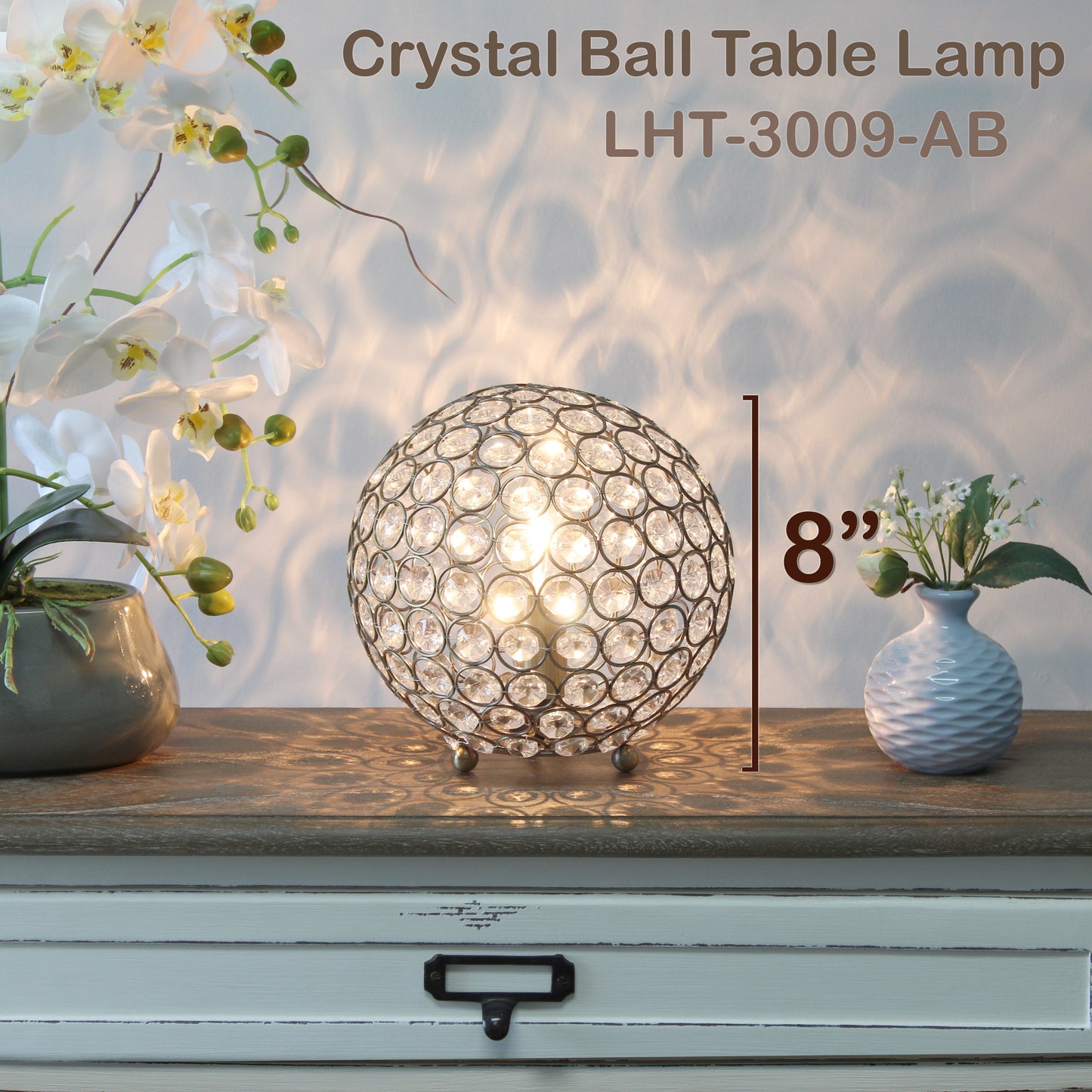 All The Rages Lalia Home 8" Antique Brass Elipse Contemporary Metal Crystal Round Sphere Glamorous Orb Table Lamp