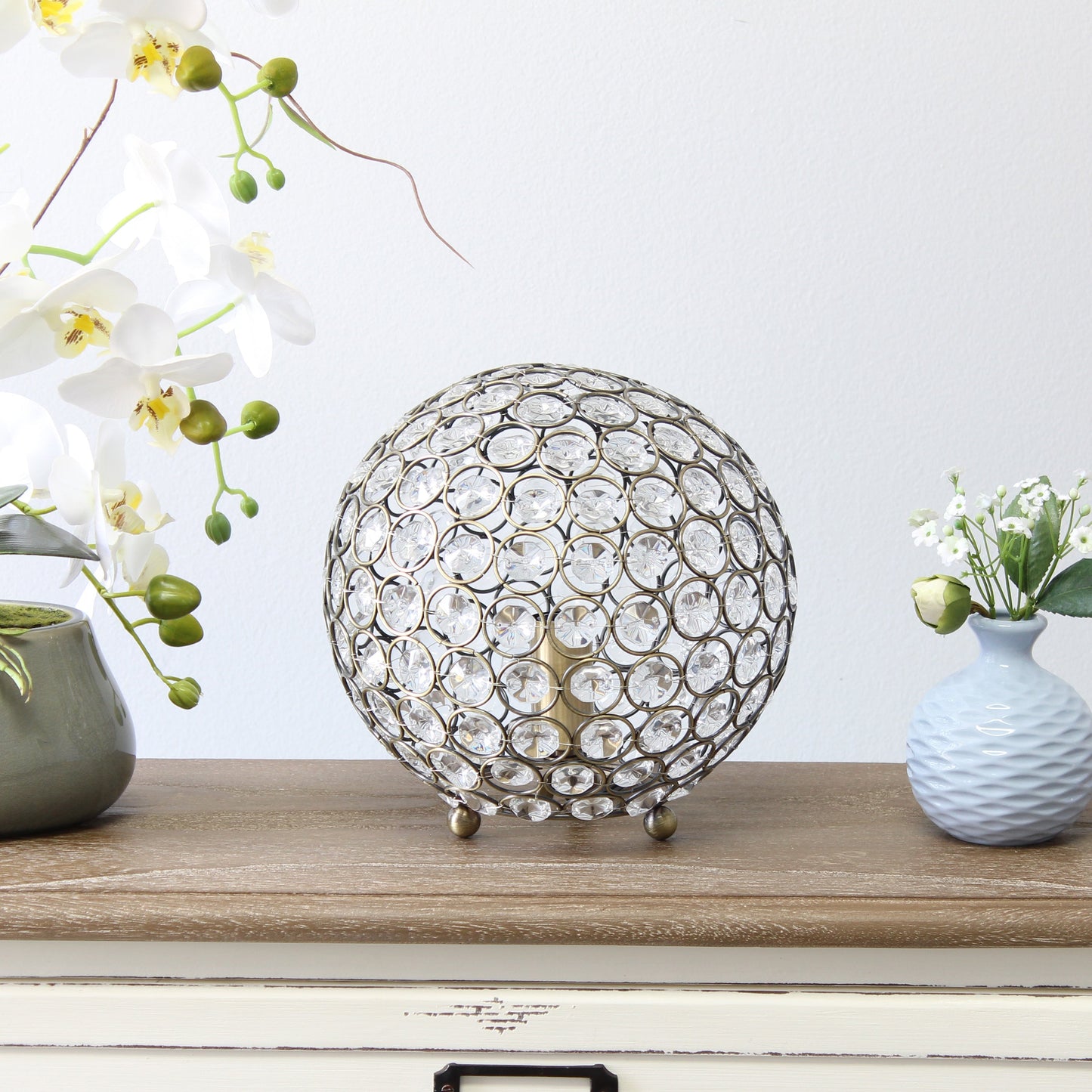 All The Rages Lalia Home 8" Antique Brass Elipse Contemporary Metal Crystal Round Sphere Glamorous Orb Table Lamp