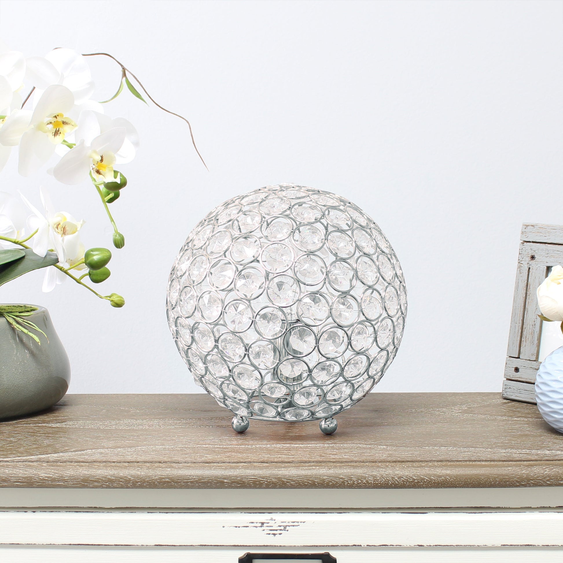 All The Rages Lalia Home 8" Chrome Elipse Contemporary Metal Crystal Round Sphere Glamorous Orb Table Lamp