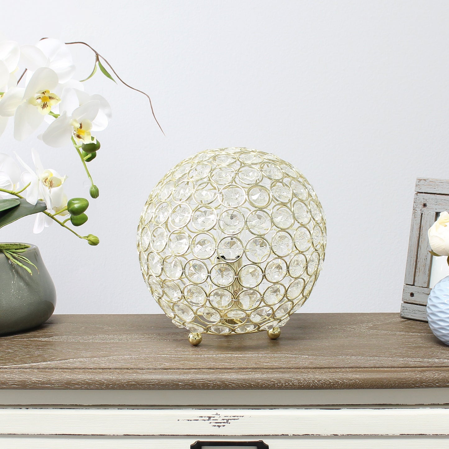 All The Rages Lalia Home 8" Gold Elipse Contemporary Metal Crystal Round Sphere Glamorous Orb Table Lamp
