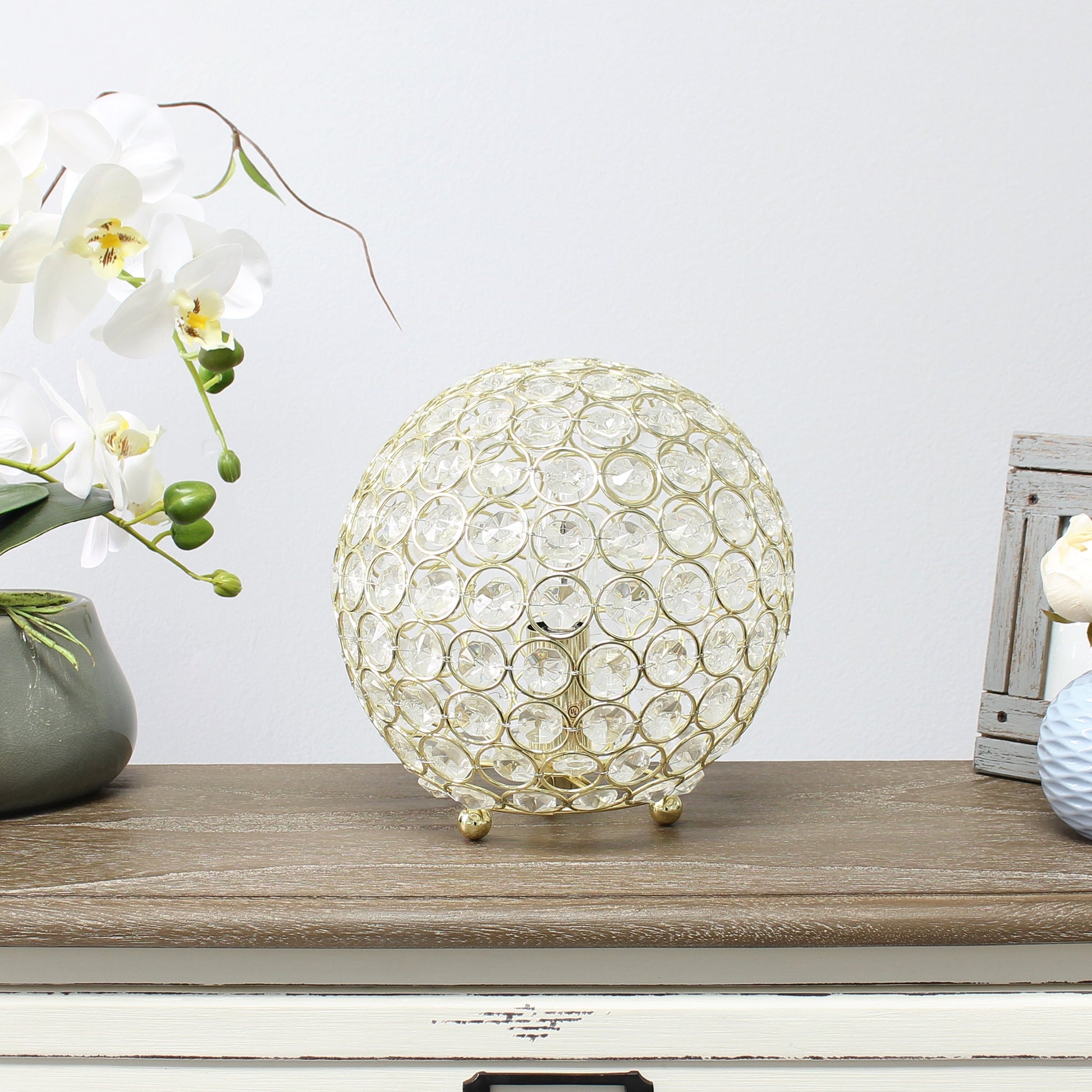 All The Rages Lalia Home 8" Gold Elipse Contemporary Metal Crystal Round Sphere Glamorous Orb Table Lamp