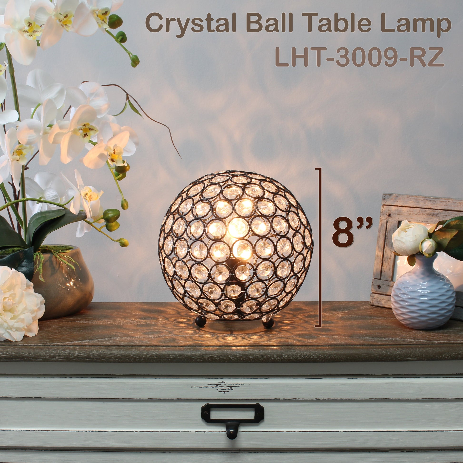 All The Rages Lalia Home 8" Restoration Bronze Elipse Contemporary Metal Crystal Round Sphere Glamorous Orb Table Lamp