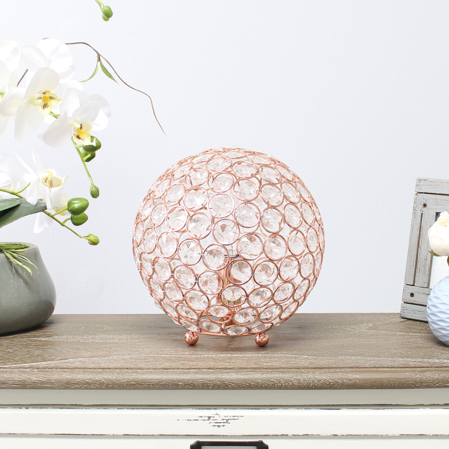 All The Rages Lalia Home 8" Rose Gold Elipse Contemporary Metal Crystal Round Sphere Glamorous Orb Table Lamp
