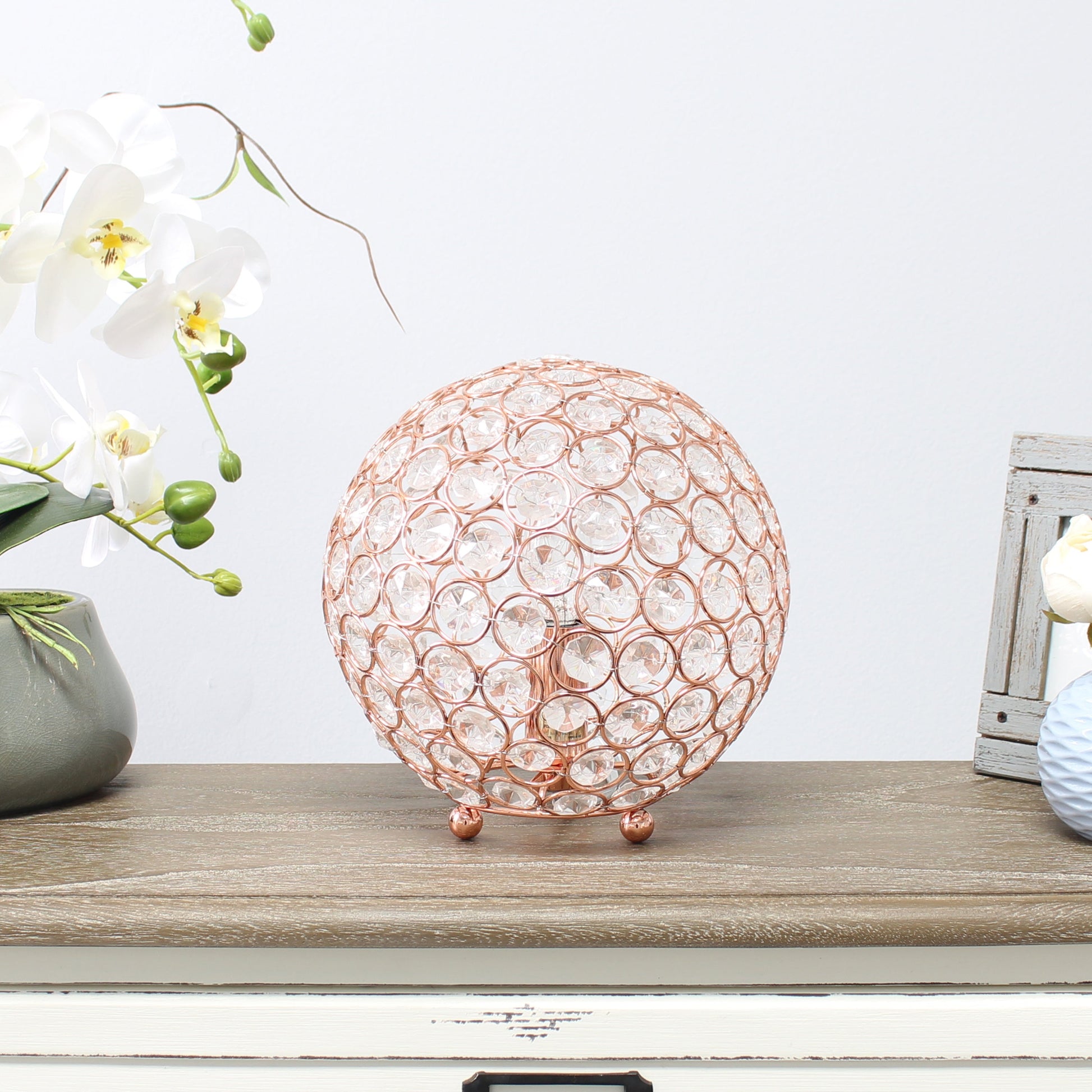 All The Rages Lalia Home 8" Rose Gold Elipse Contemporary Metal Crystal Round Sphere Glamorous Orb Table Lamp
