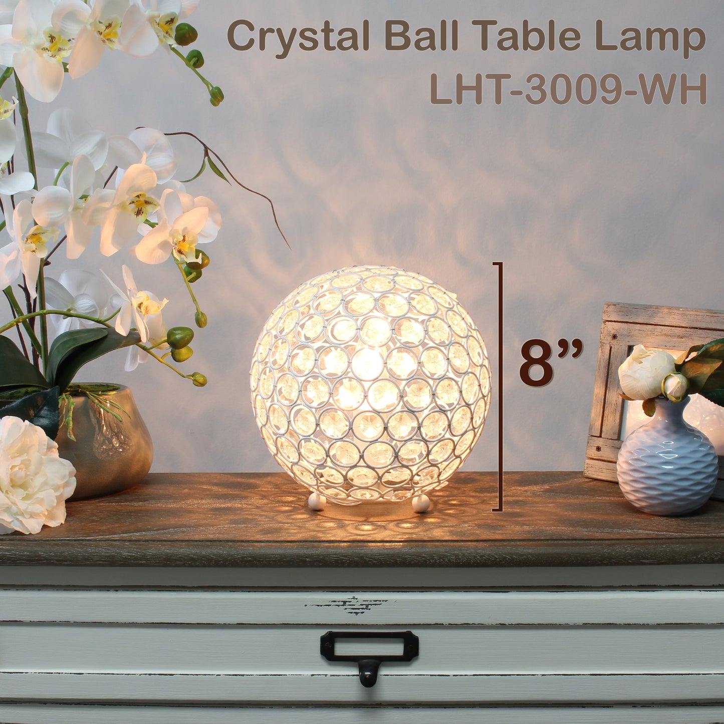 All The Rages Lalia Home 8" White Elipse Contemporary Metal Crystal Round Sphere Glamorous Orb Table Lamp