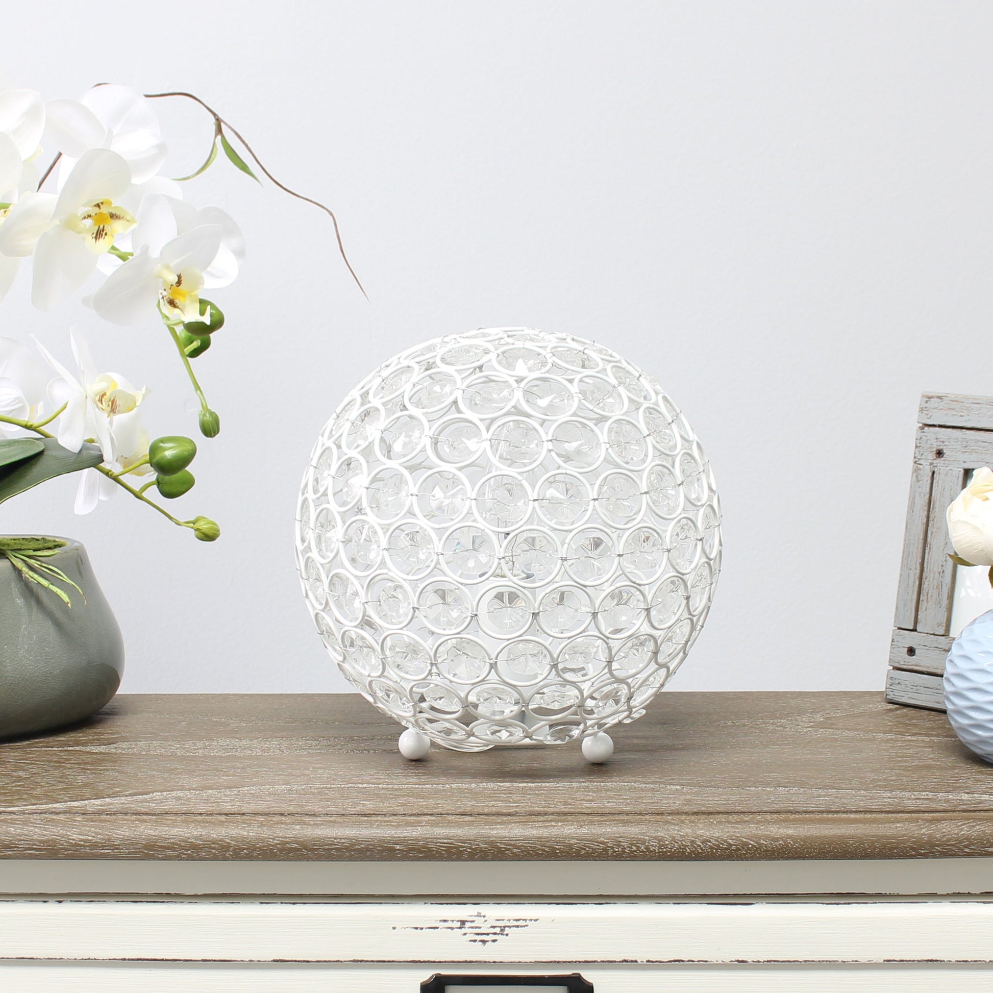 All The Rages Lalia Home 8" White Elipse Contemporary Metal Crystal Round Sphere Glamorous Orb Table Lamp