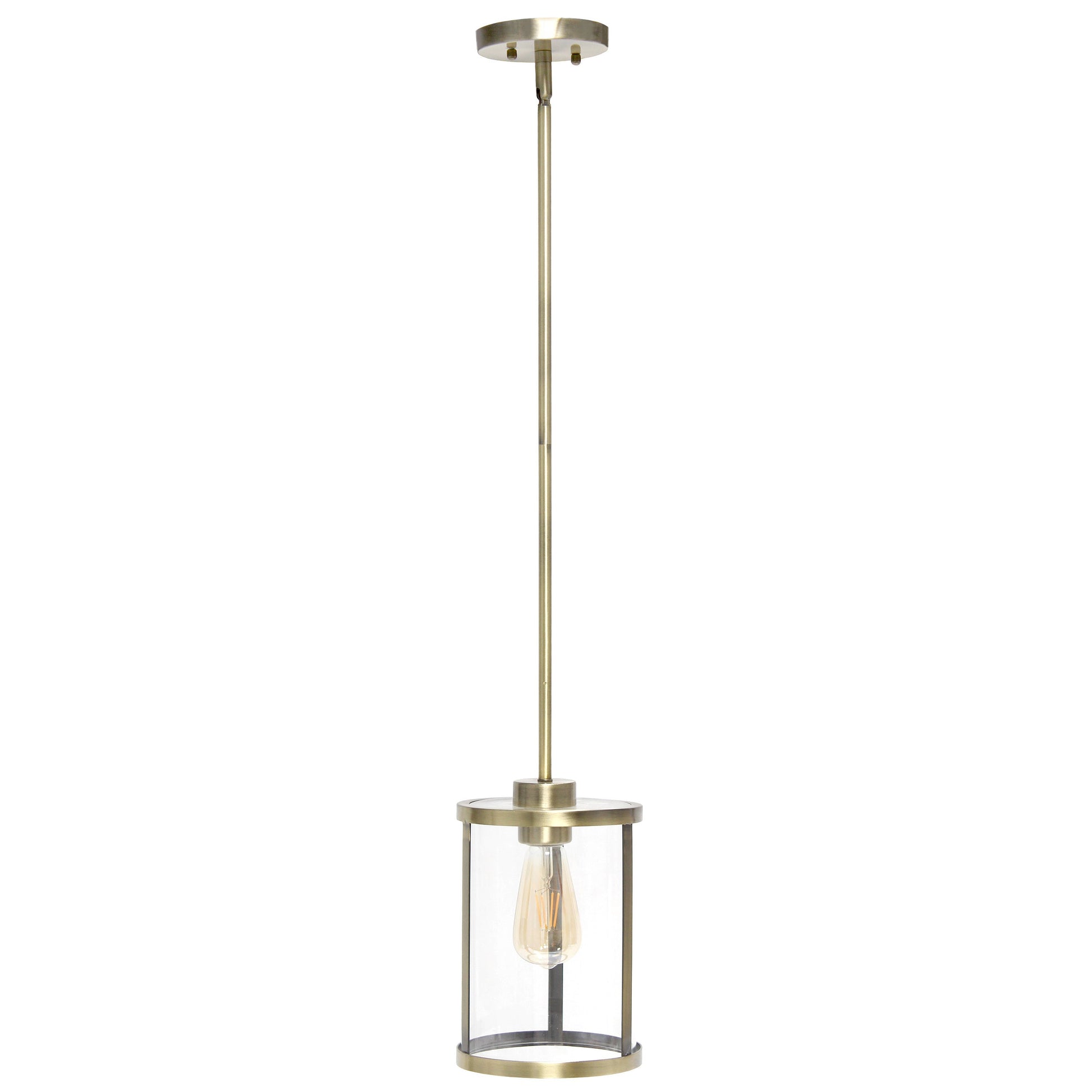 All The Rages Lalia Home 9" Antique Brass Farmhouse Adjustable Hanging Cylindrical Clear Glass Pendant With Metal Accents