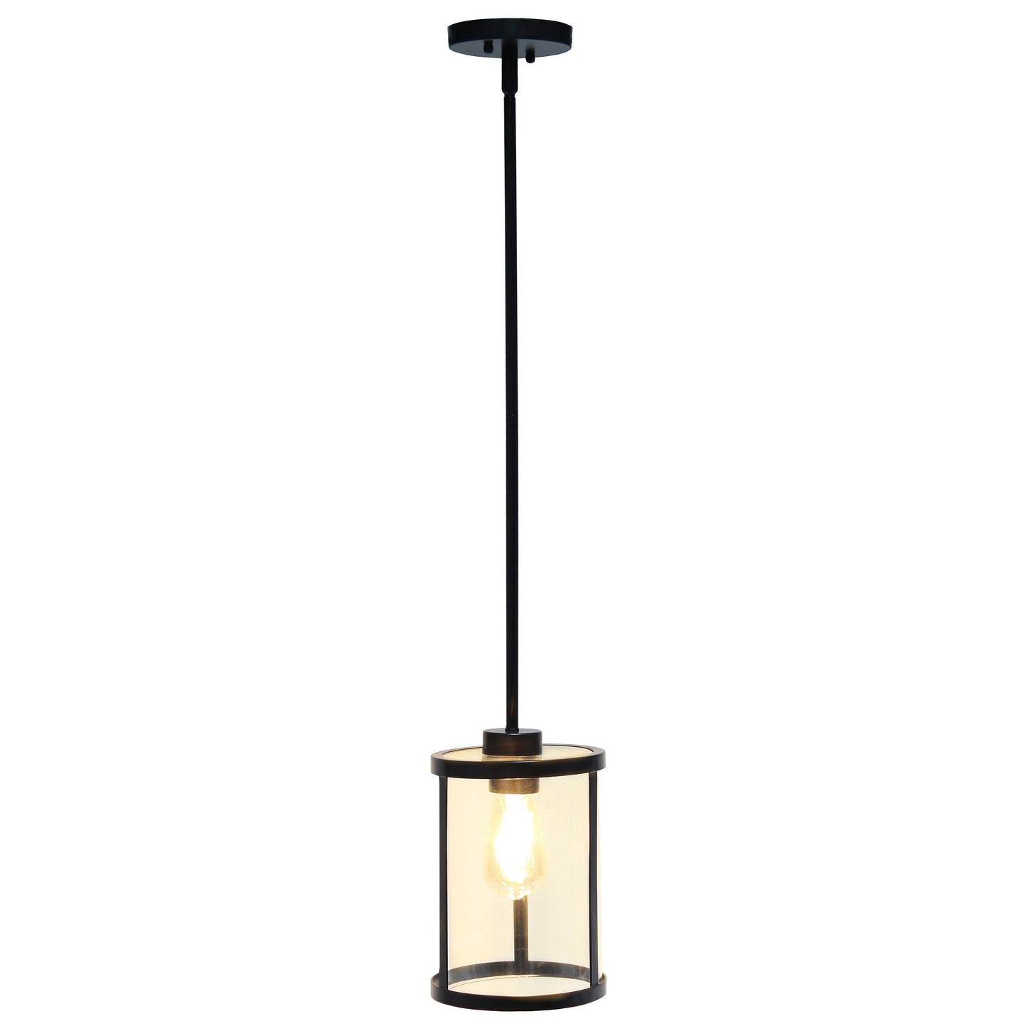 All The Rages Lalia Home 9" Black Farmhouse Adjustable Hanging Cylindrical Clear Glass Pendant With Metal Accents