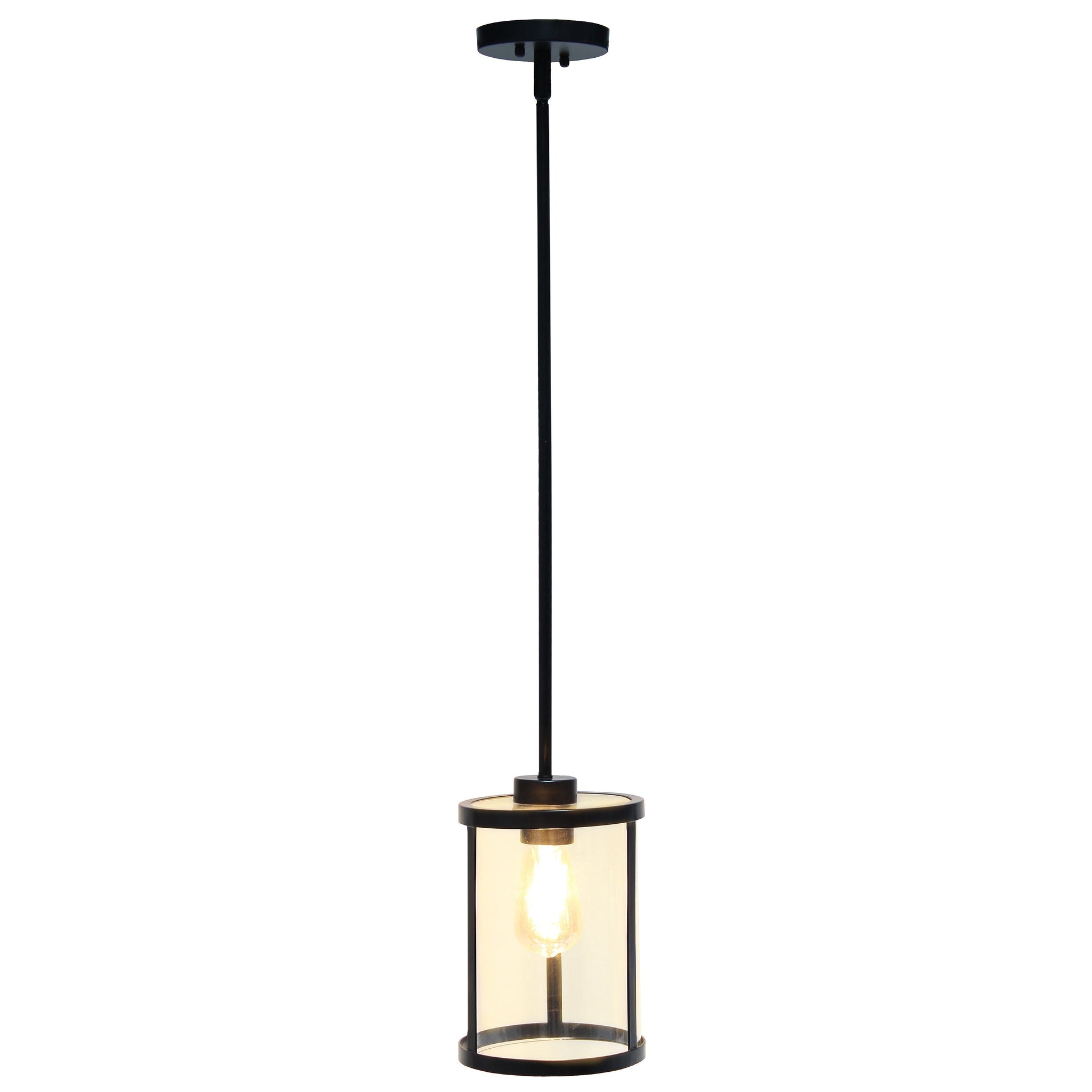 All The Rages Lalia Home 9" Black Farmhouse Adjustable Hanging Cylindrical Clear Glass Pendant With Metal Accents