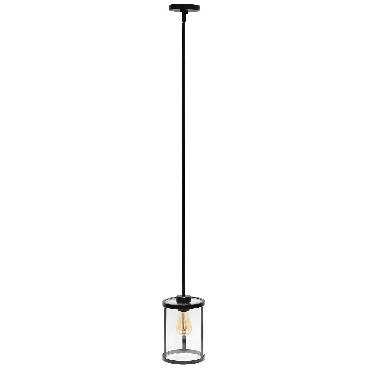All The Rages Lalia Home 9" Black Farmhouse Adjustable Hanging Cylindrical Clear Glass Pendant With Metal Accents