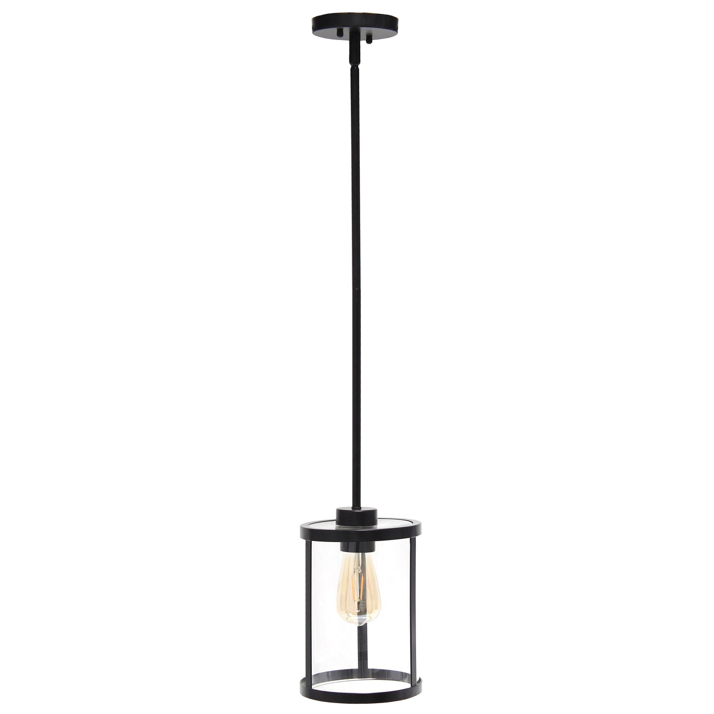 All The Rages Lalia Home 9" Black Farmhouse Adjustable Hanging Cylindrical Clear Glass Pendant With Metal Accents